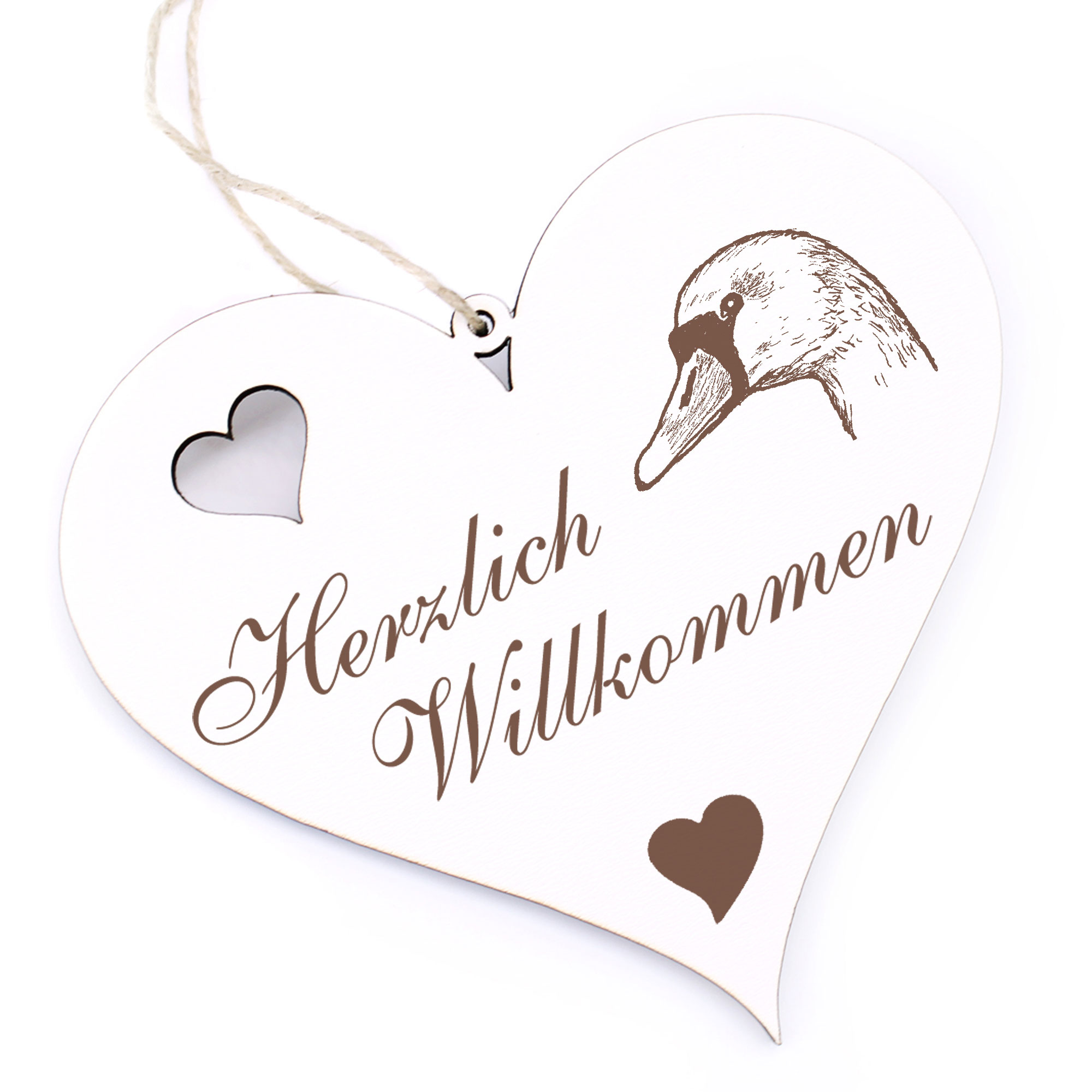 Herzlich Willkommen Schild - Schwan Kopf - Deko Herz Holz