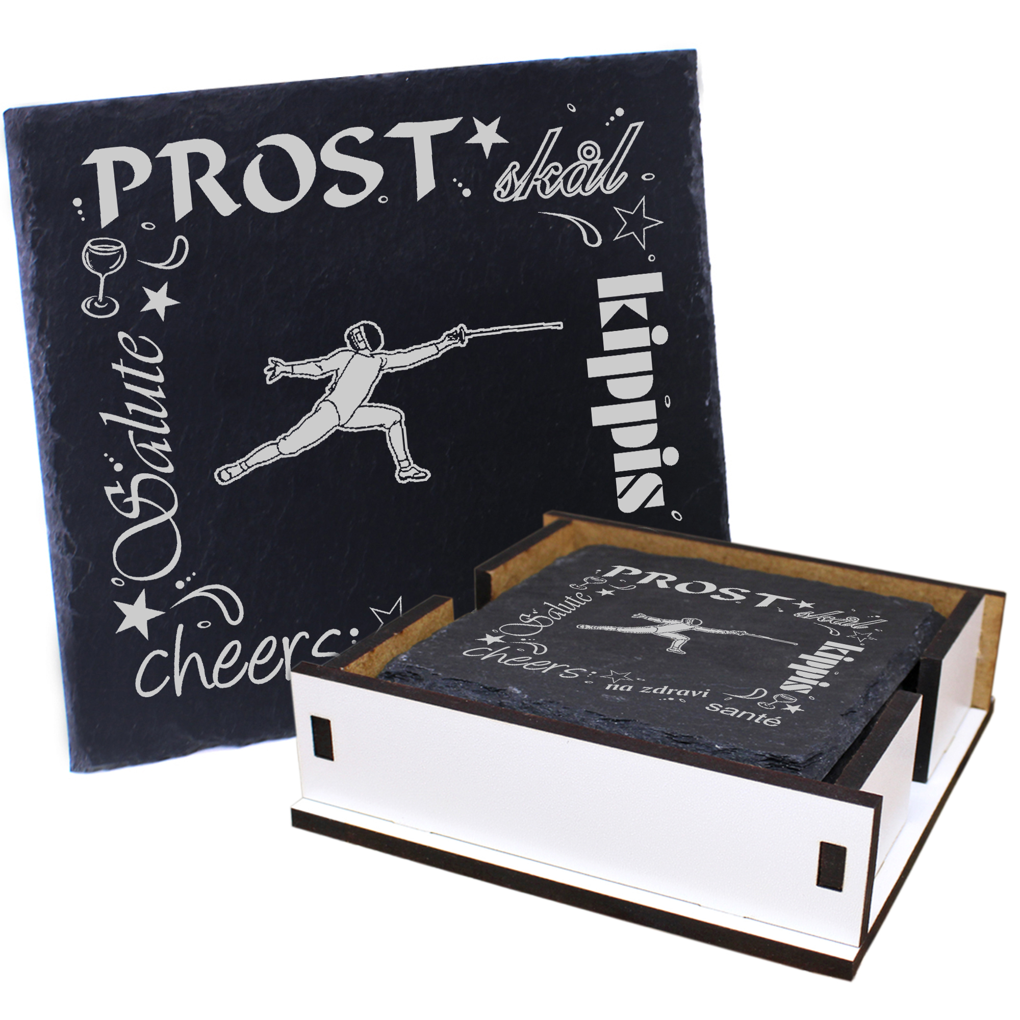 5 x Schiefer Untersetzer - Prost Fechten - inkl. Holzbox & Flaschenuntersetzer