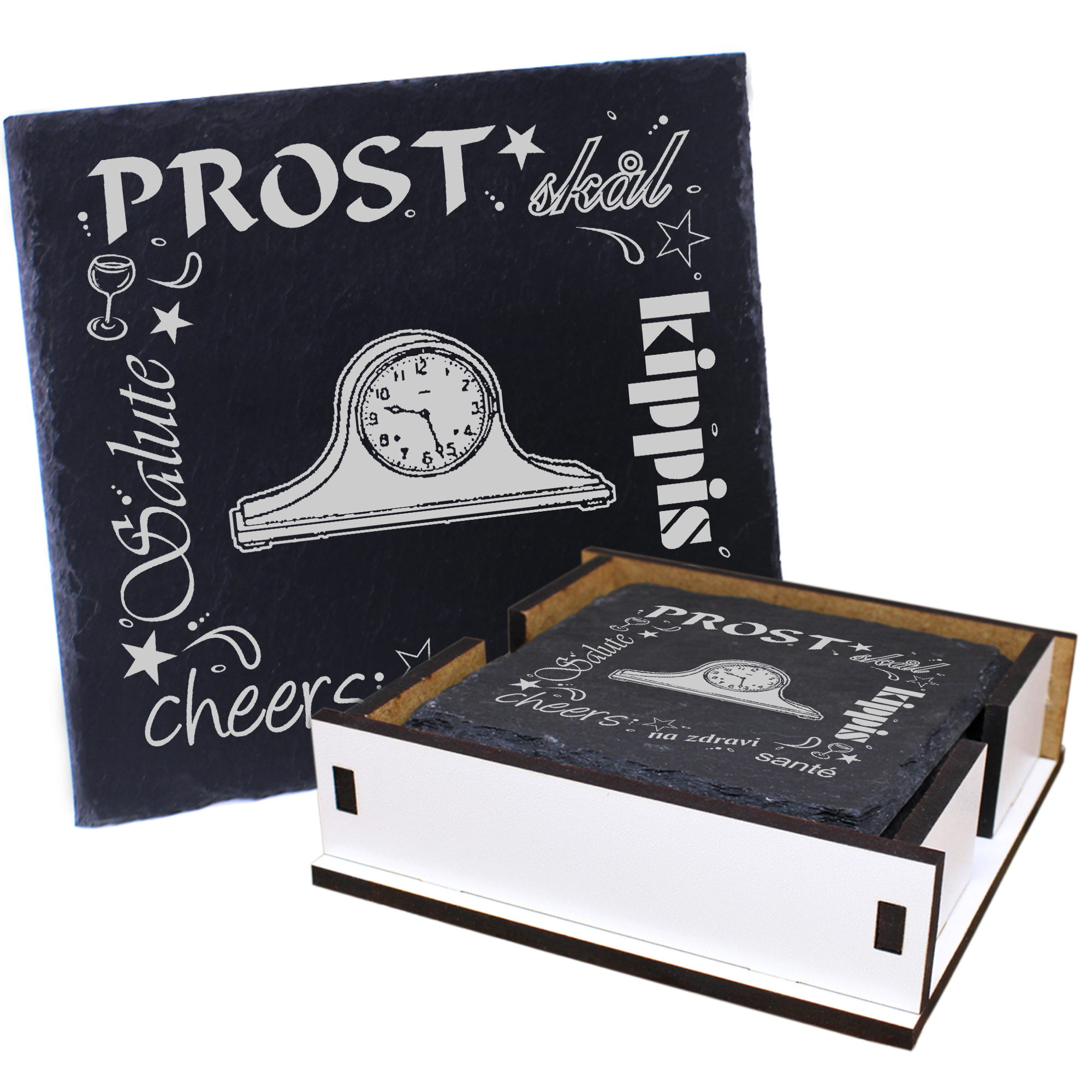 5 x Schiefer Untersetzer - Prost Standuhr - inkl. Holzbox & Flaschenuntersetzer