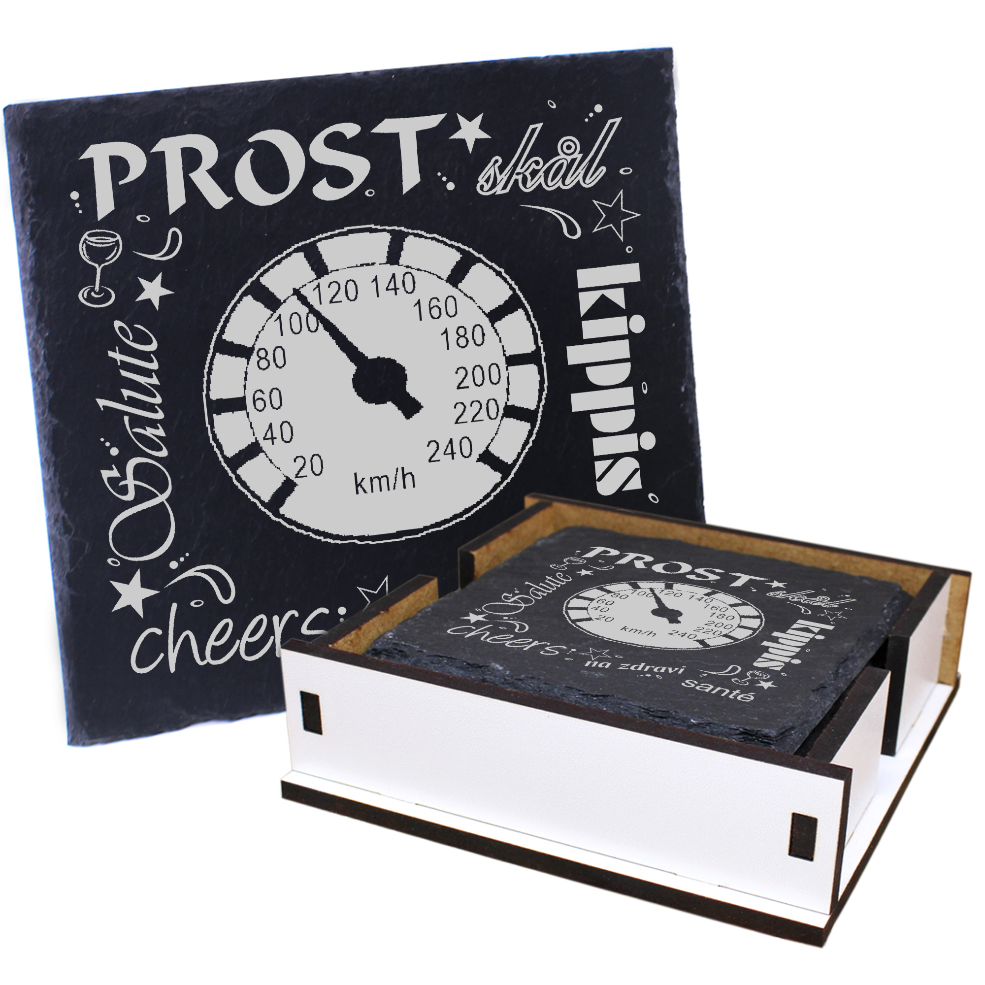 5 x Schiefer Untersetzer - Prost Tacho - inkl. Holzbox & Flaschenuntersetzer