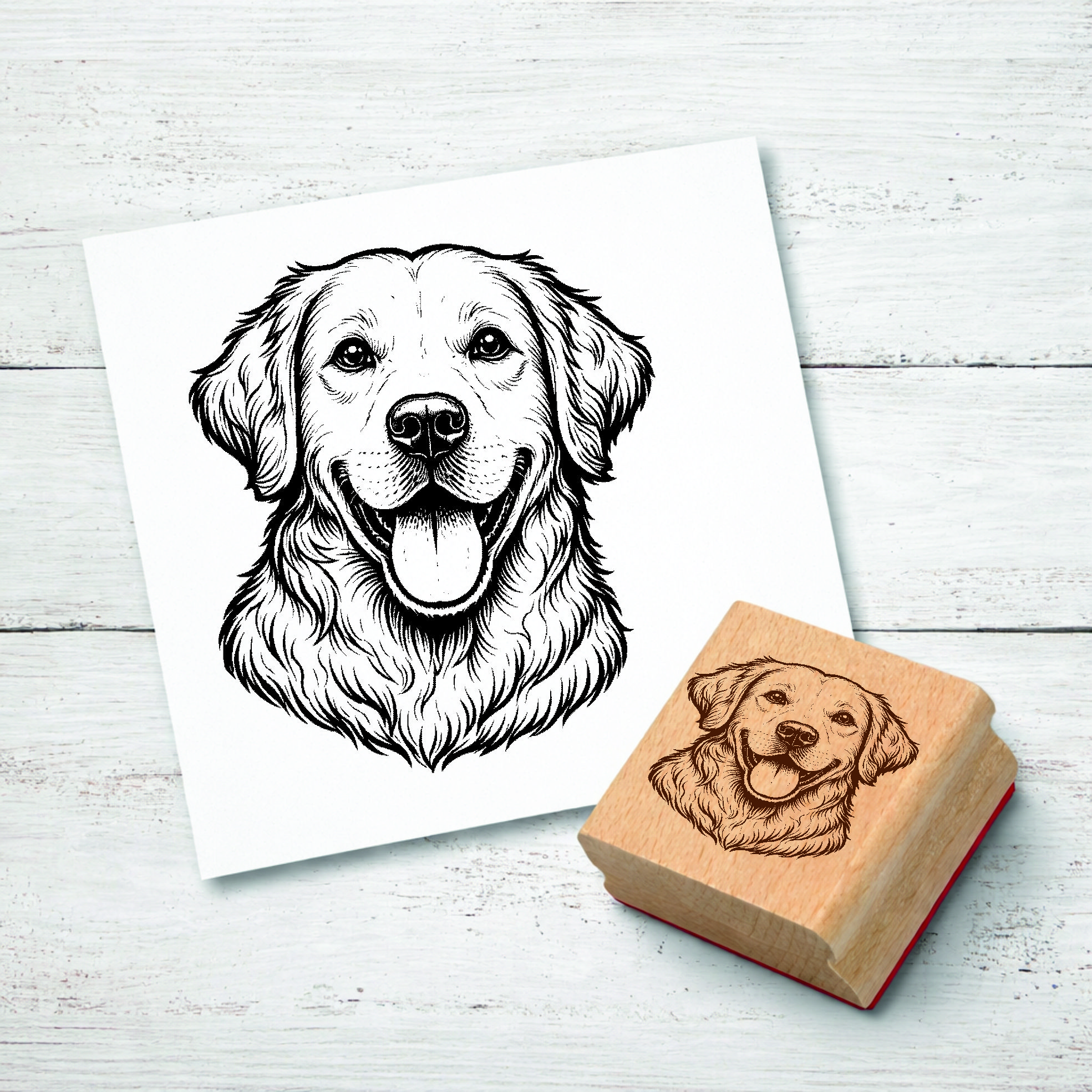 Motivstempel Golden Retriever Hund - Stempel mit Hundemotiv - Holzstempel Abdruck 42 x 48 mm
