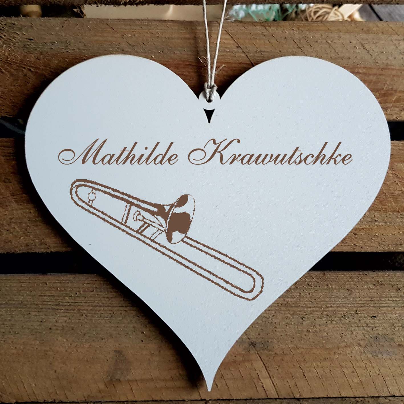 Herz Schild « Posaune » mit Namen - Türschild zum Anhängen