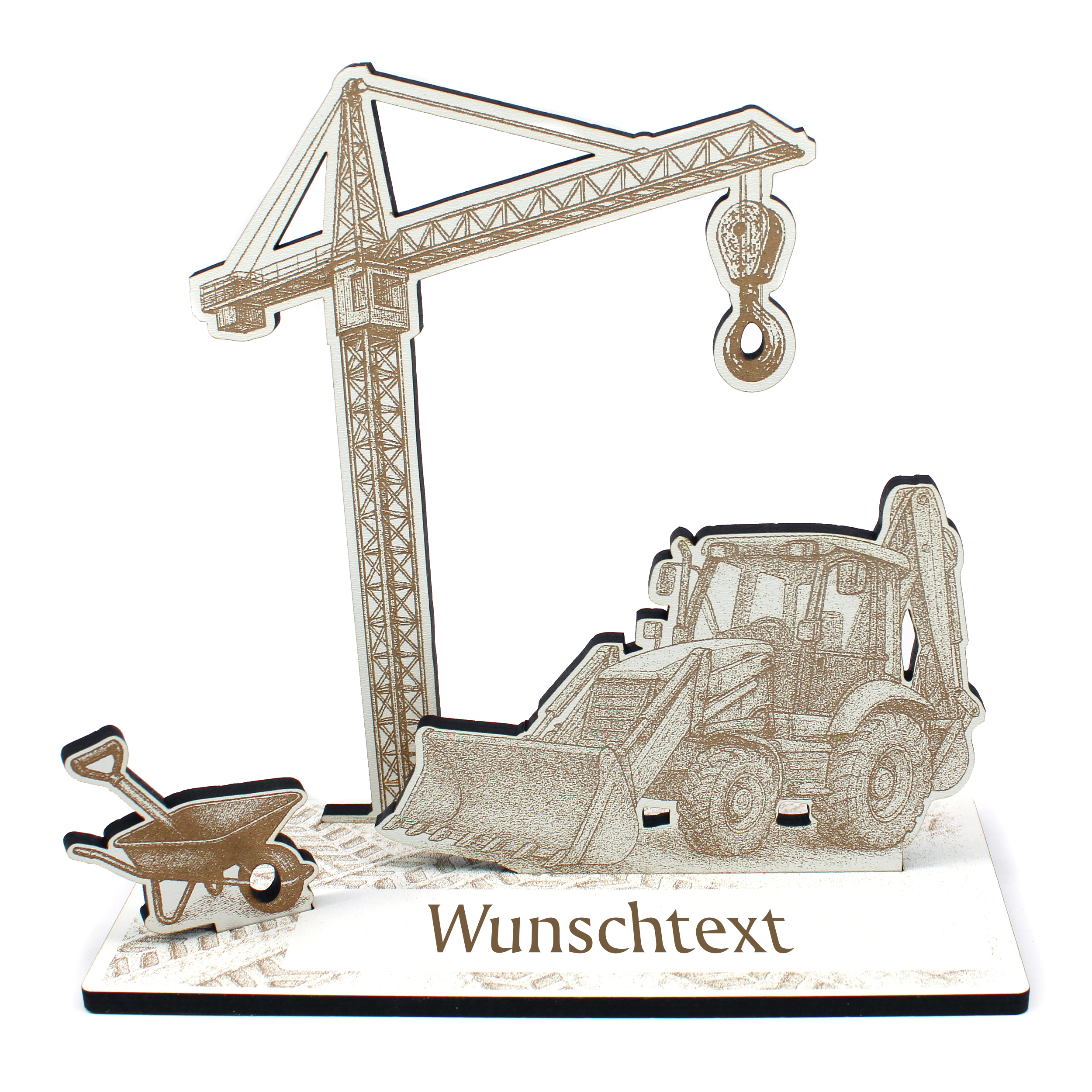 Geldgeschenk Aufsteller „Baggerladerfahrer“ – Dekoaufsteller mit Baggerlader, Kran & Schubkarre – weiß mit brauner Gravur, 18×19×8 cm