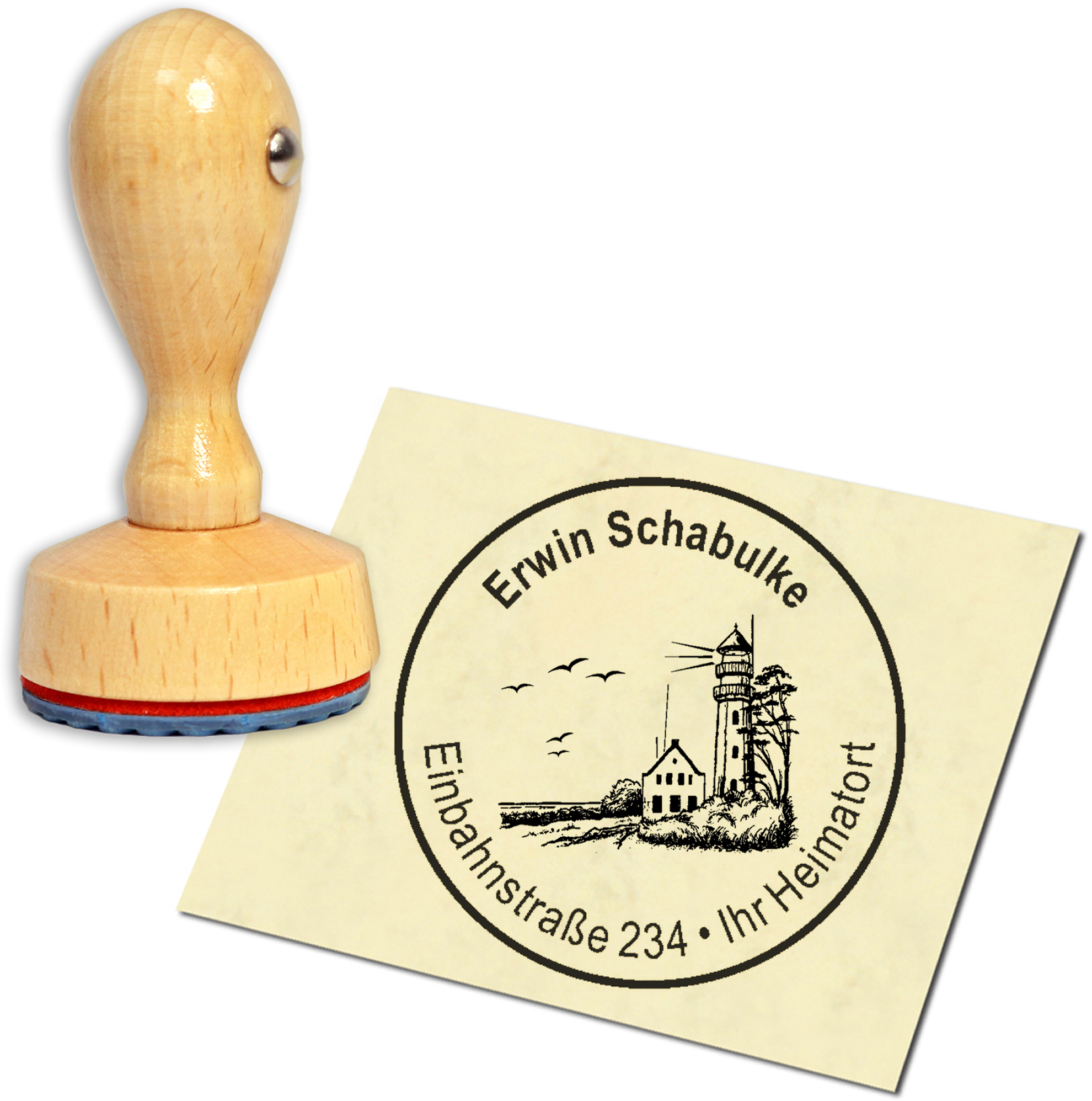 Stempel Adressstempel Holzstempel - Leuchtturm Am Strand - rund 40mm