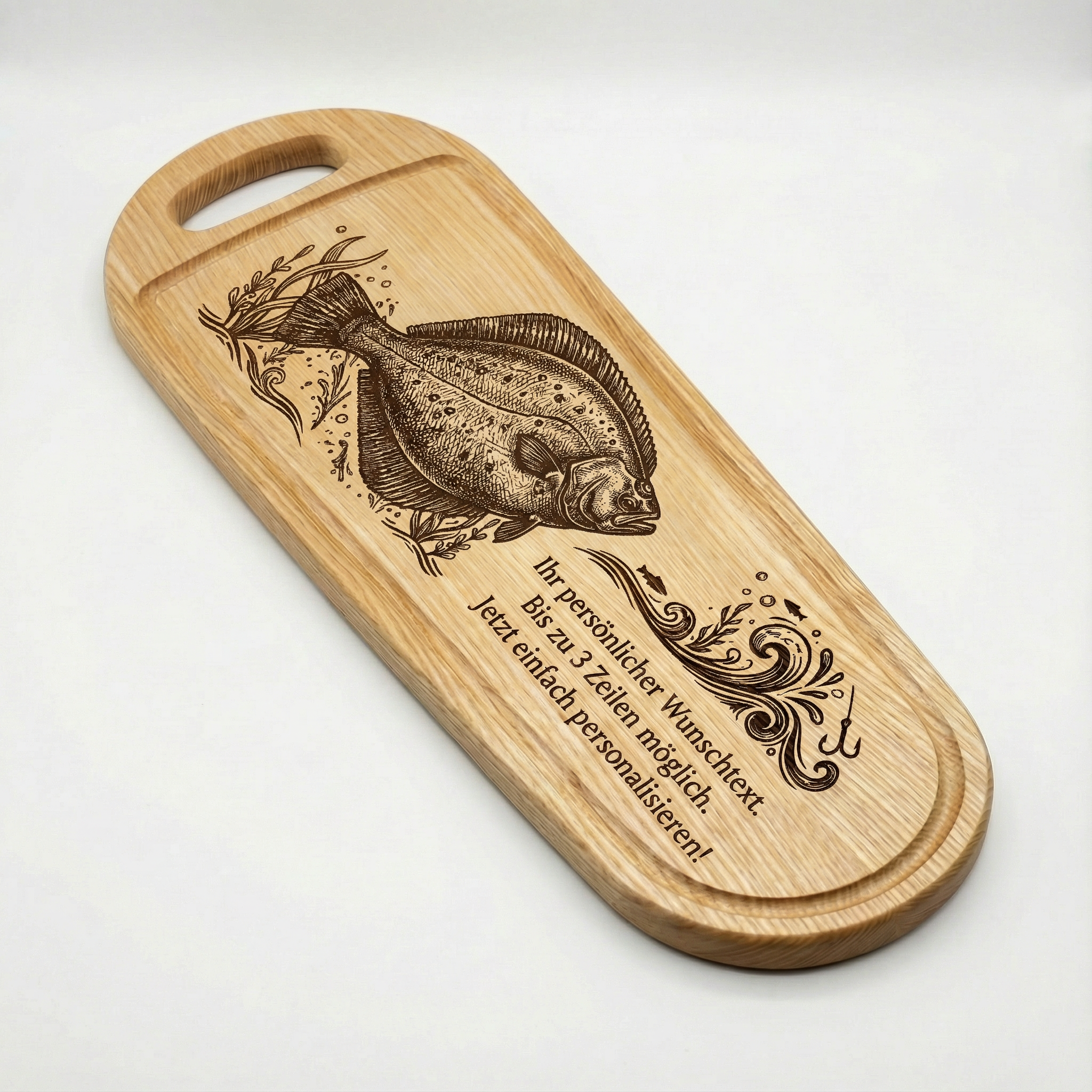 XXL Fisch Schneidebrett aus Esche mit Gravur – Flunder –  60x20cm - Angler Griller Koch