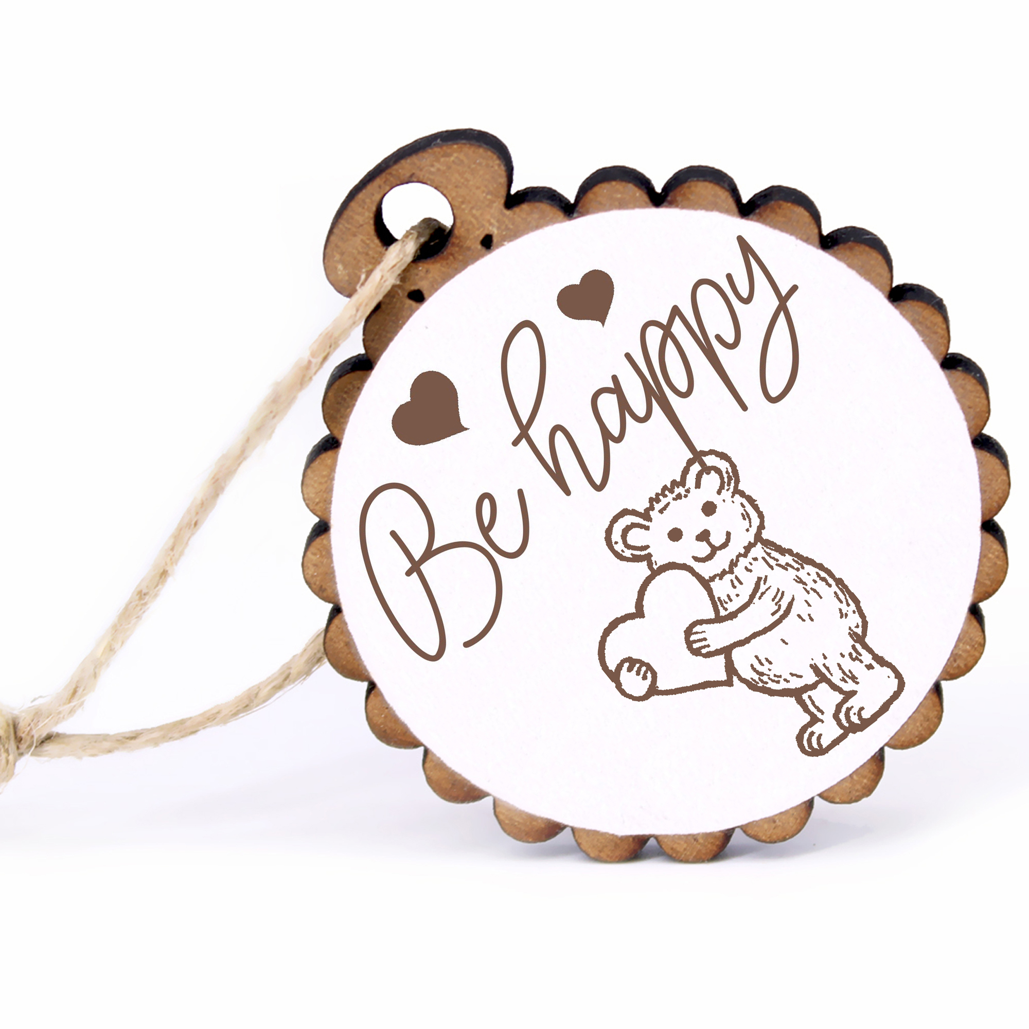 Geschenkanhänger - Be Happy Teddy mit Herz -  Holz Ø-5cm - mit Juteband