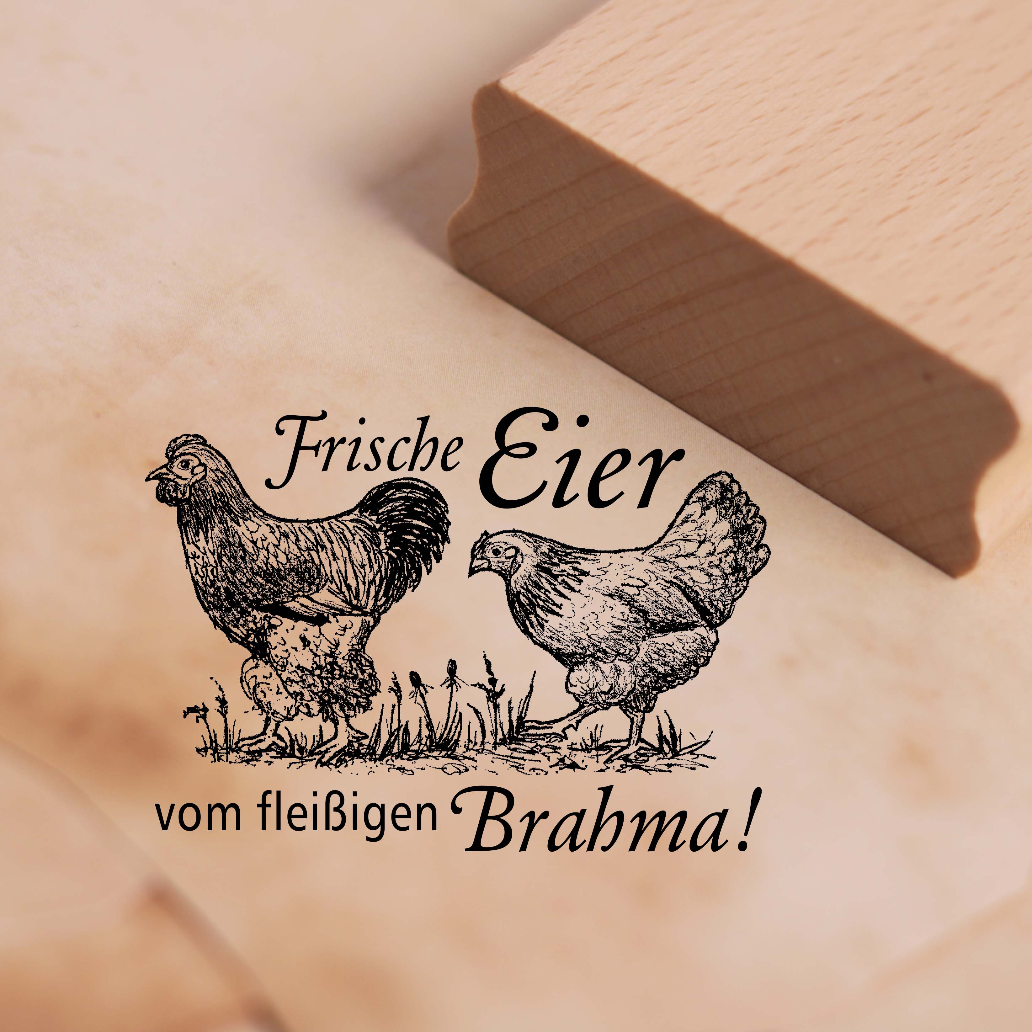 Motivstempel Frische Eier vom fleißigen Brahma - Stempel Huhn Holzstempel 68 x 48 mm