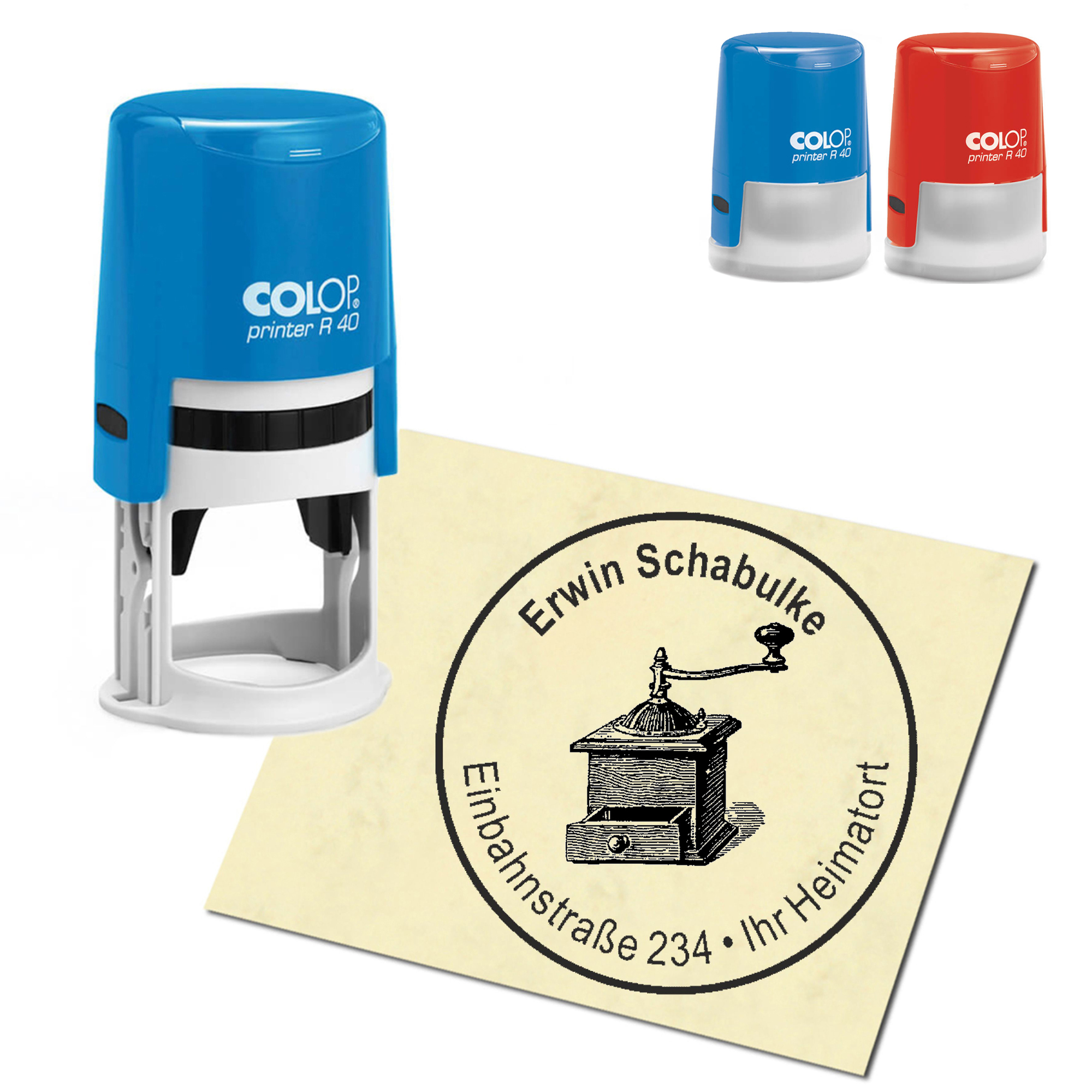 Stempel Adressstempel personalisiert - Kurbel Kaffeemühle - rund &empty; 40mm