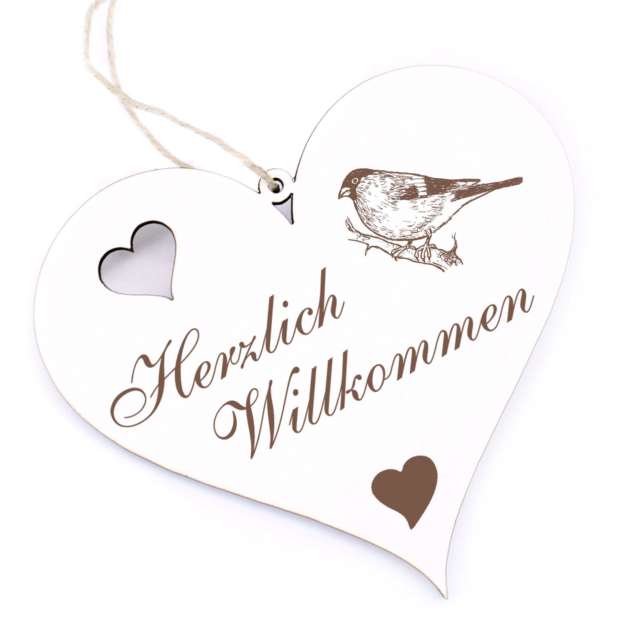 Herzlich Willkommen Schild - Dompfaff Gimpel - Deko Herz Holz