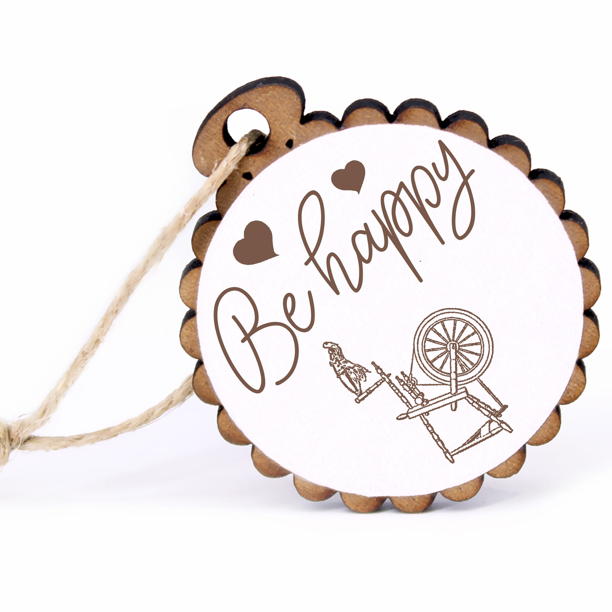 Geschenkanhänger - Be Happy Spinnrad -  Holz Ø-5cm - mit Juteband