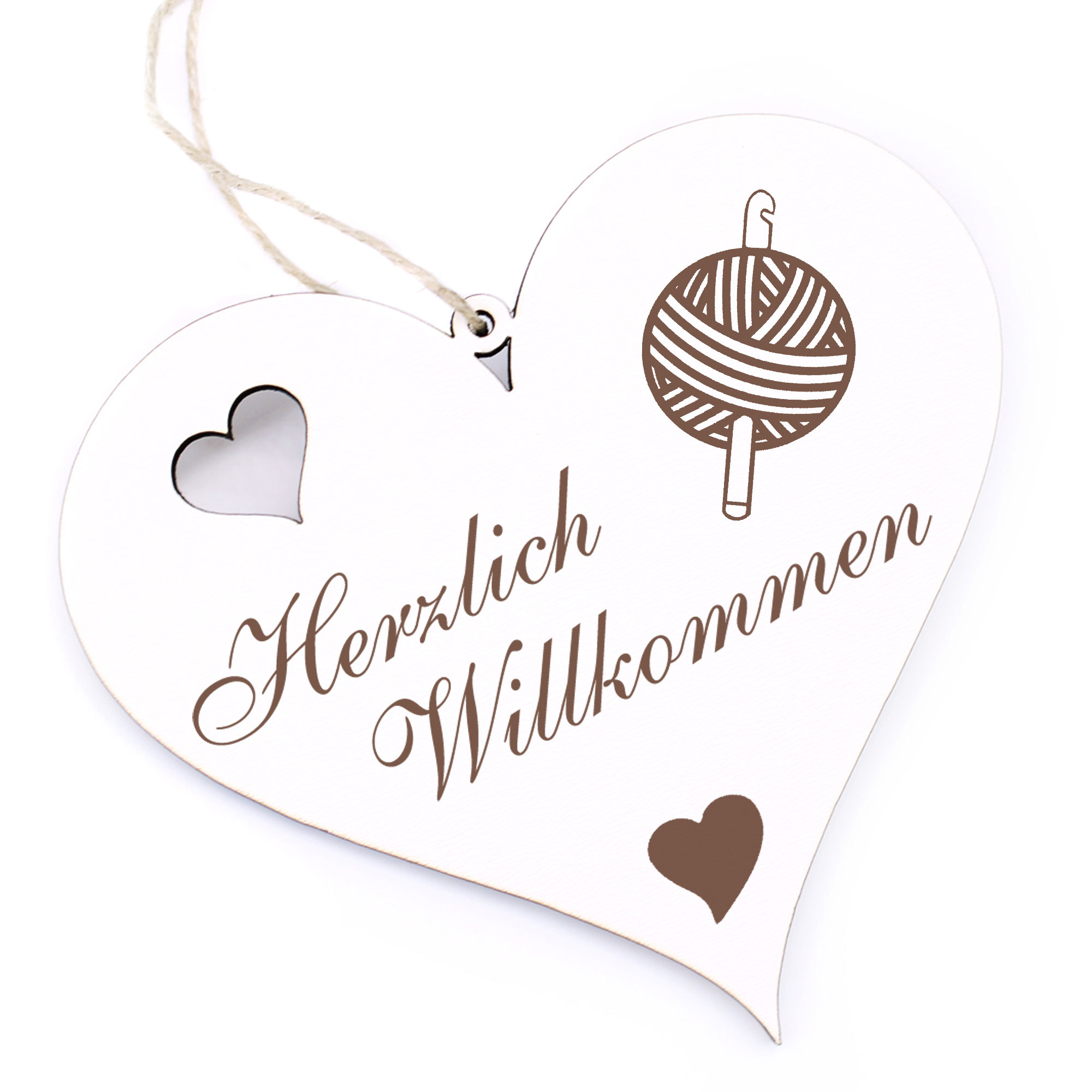 Herzlich Willkommen Schild - Wolle und Häkelnadel - Deko Herz Holz