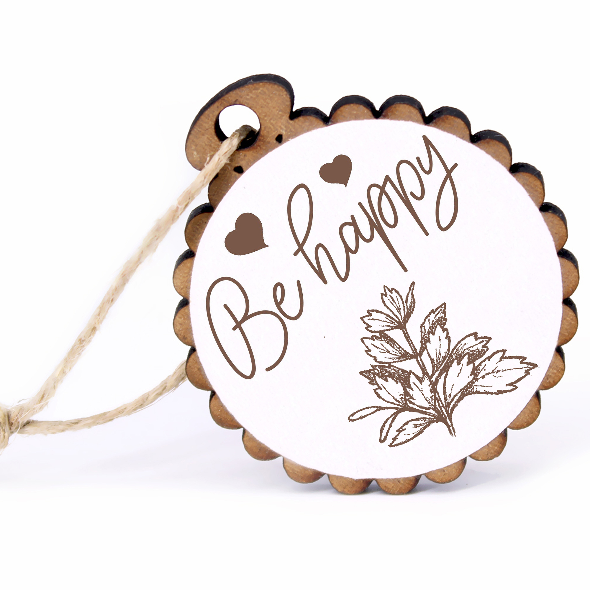 Geschenkanhänger - Be Happy Liebstöckel -  Holz Ø-5cm - mit Juteband