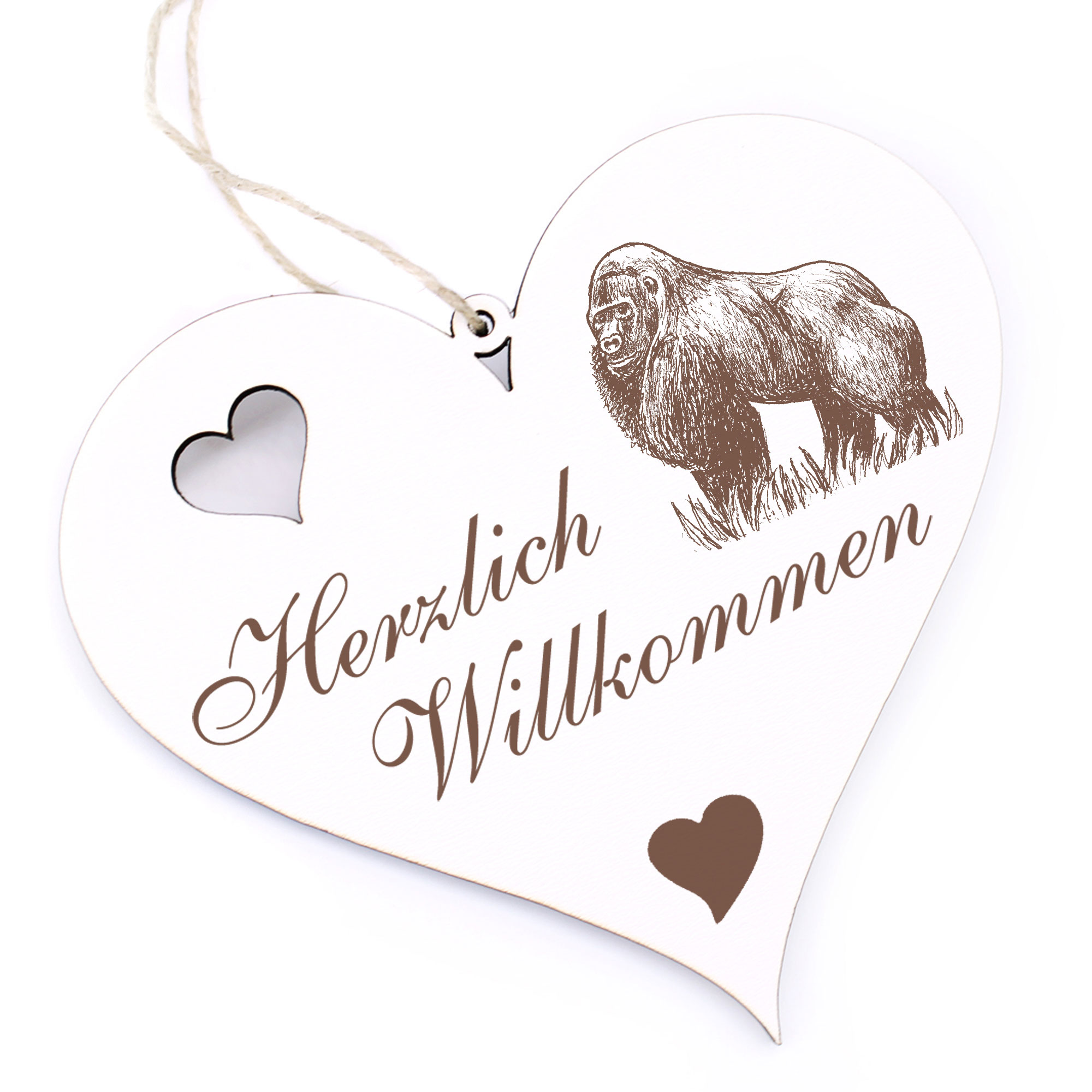 Herzlich Willkommen Schild - Gorilla im Gras - Deko Herz Holz