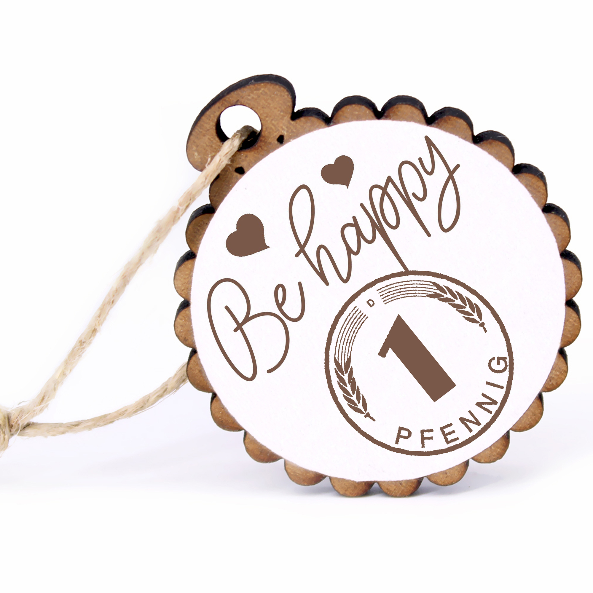 Geschenkanhänger - Be Happy Pfennig -  Holz Ø-5cm - mit Juteband