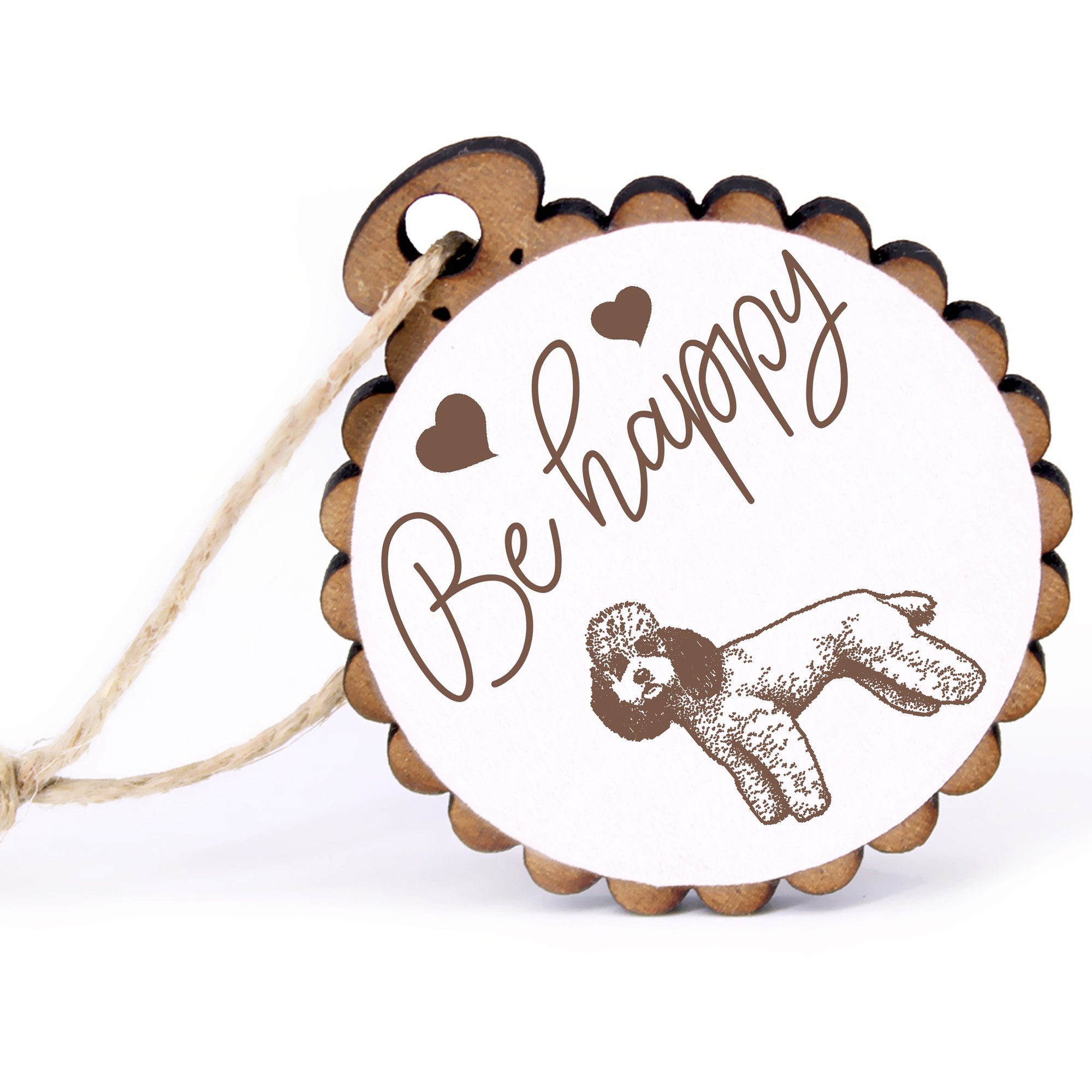 Geschenkanhänger - Be Happy Pudel -  Holz Ø-5cm - mit Juteband