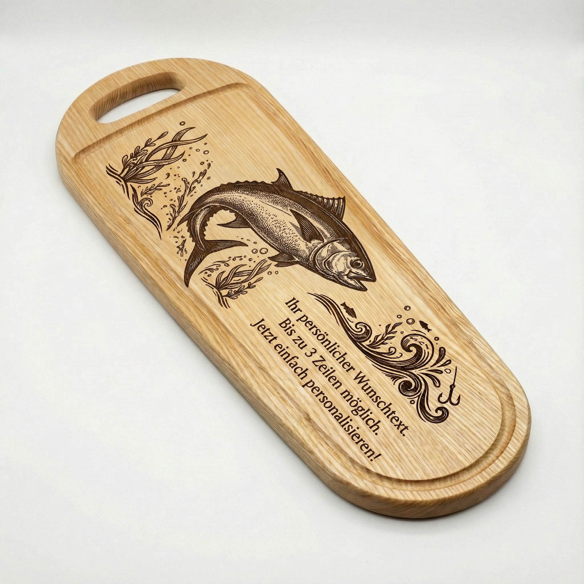 XXL Fisch Schneidebrett aus Esche mit Gravur – Thunfisch –  60x20cm - Angler Griller Koch