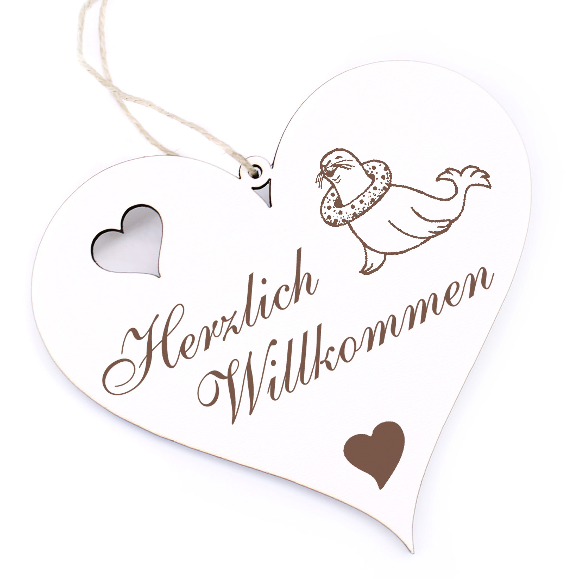 Herzlich Willkommen Schild - Robbe mit Schwimmreifen - Deko Herz Holz
