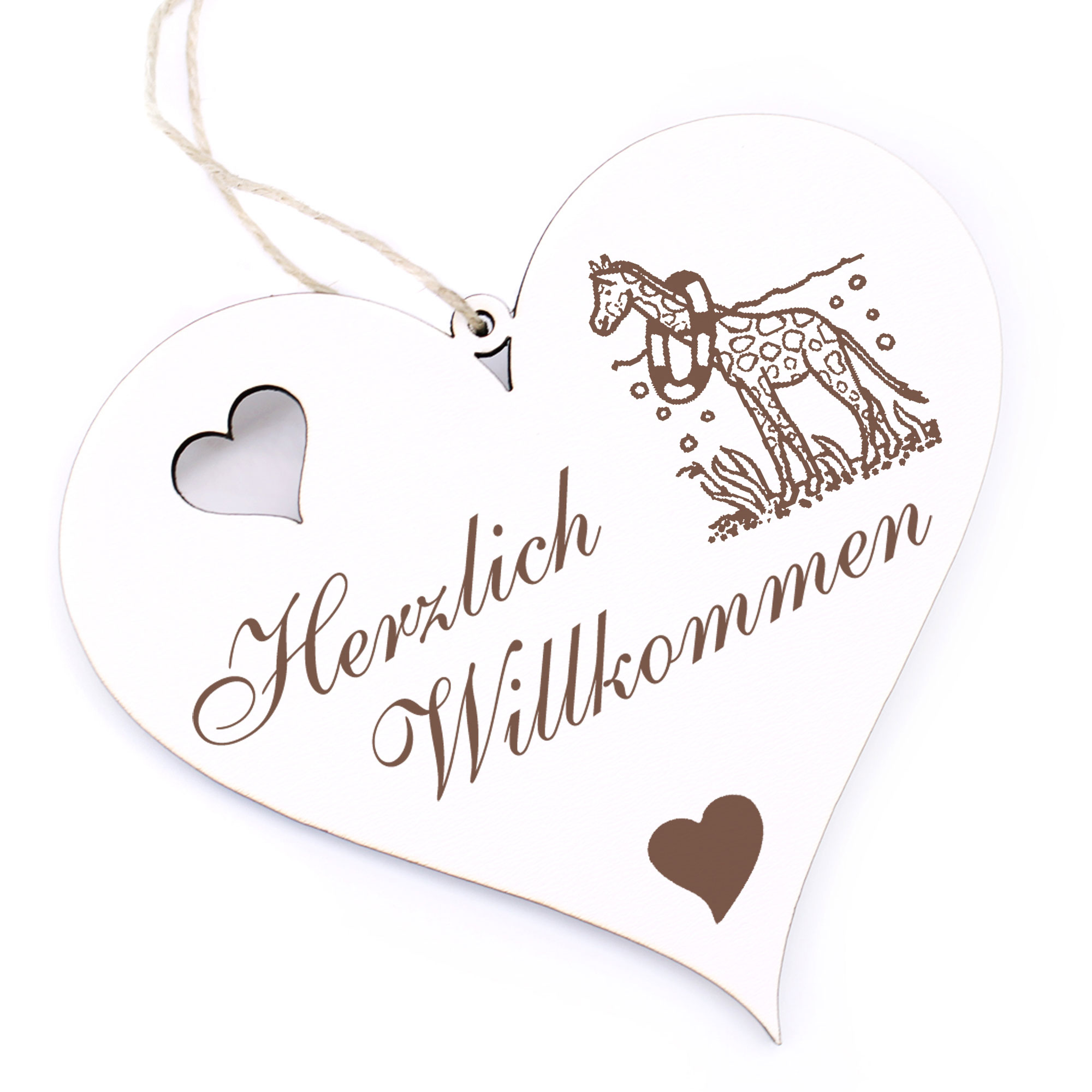 Herzlich Willkommen Schild - Giraffe mit Schwimmreifen - Deko Herz Holz