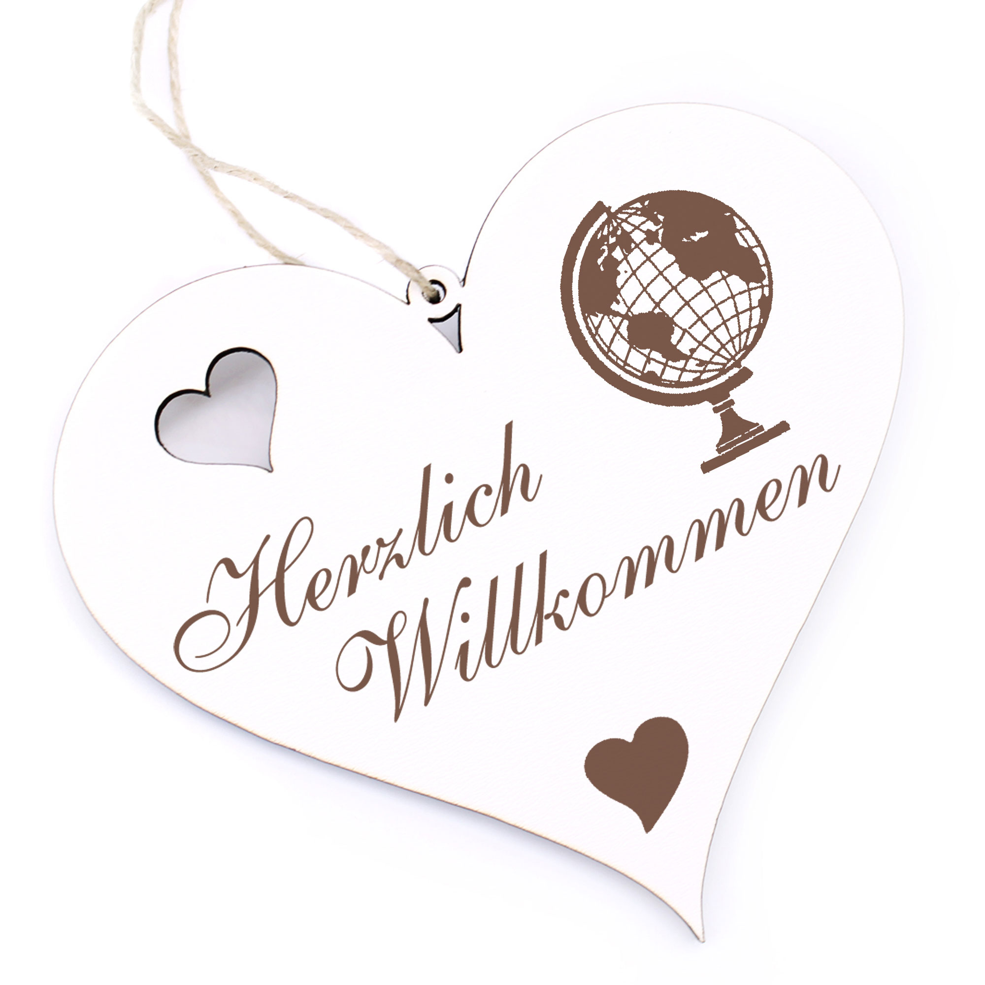 Herzlich Willkommen Schild - Globus - Deko Herz Holz
