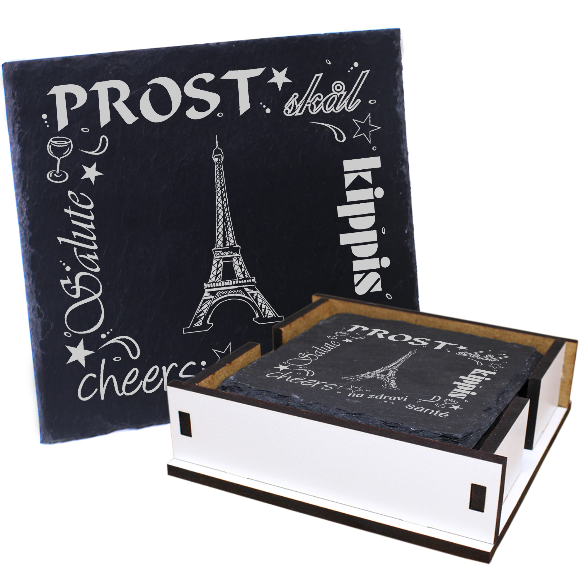 5 x Schiefer Untersetzer - Prost Eiffelturm - inkl. Holzbox & Flaschenuntersetzer