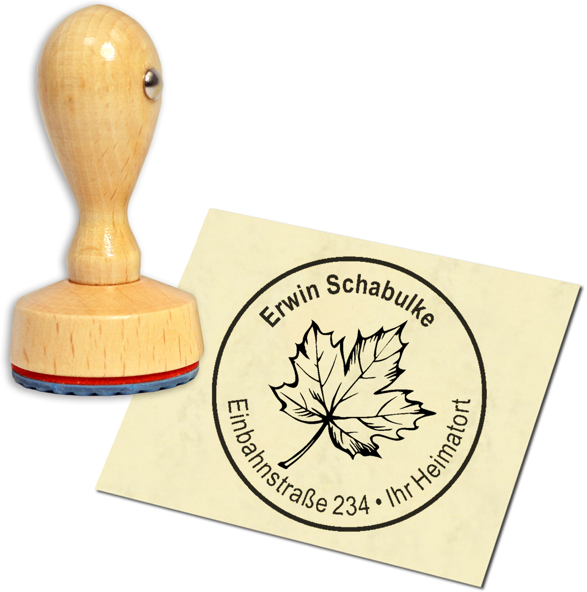 Stempel Adressstempel Holzstempel - Eichenblatt - rund 40mm