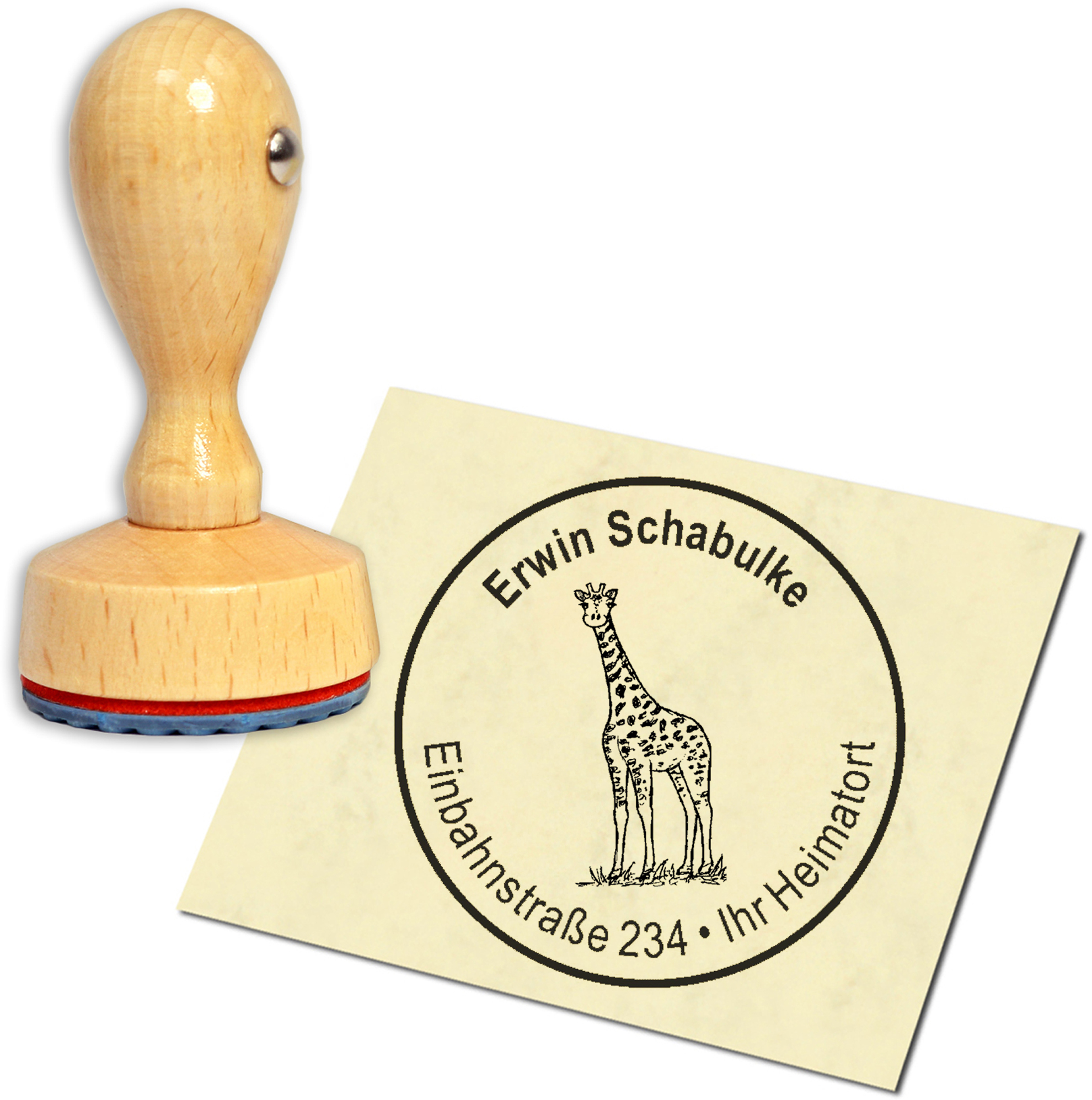 Stempel Adressstempel Holzstempel - Giraffe auf Gras - rund 40mm
