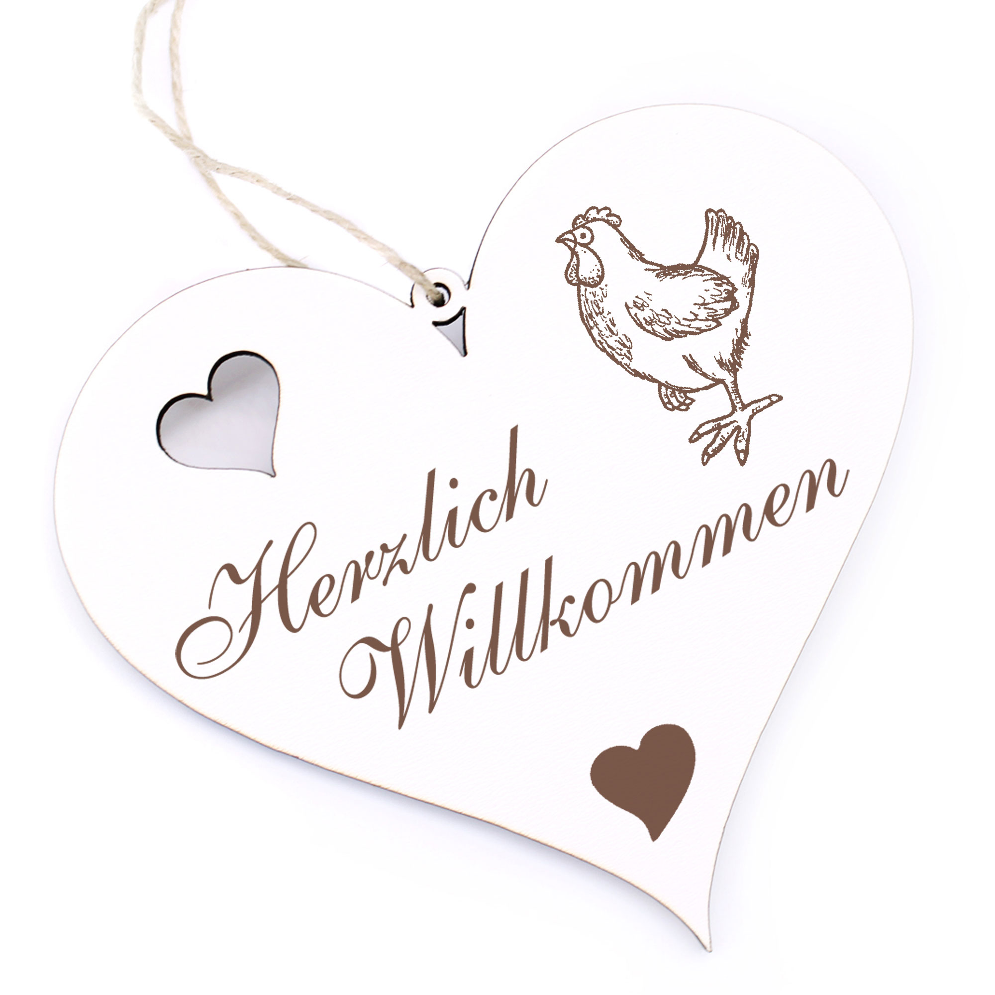 Herzlich Willkommen Schild - stolzes Huhn - Deko Herz Holz
