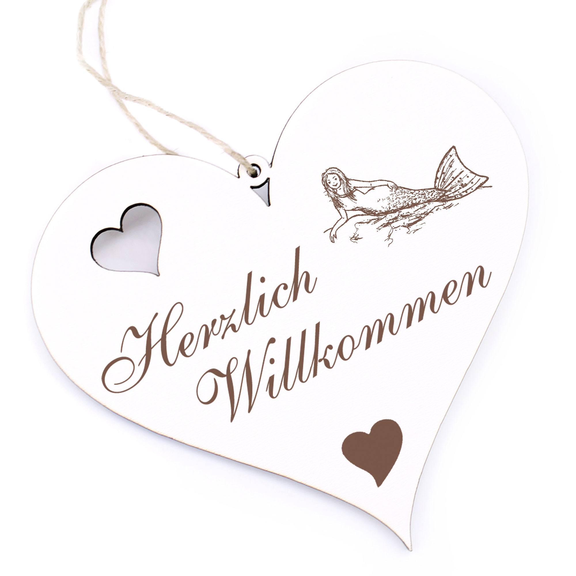 Herzlich Willkommen Schild - liegende Meerjungfrau - Deko Herz Holz