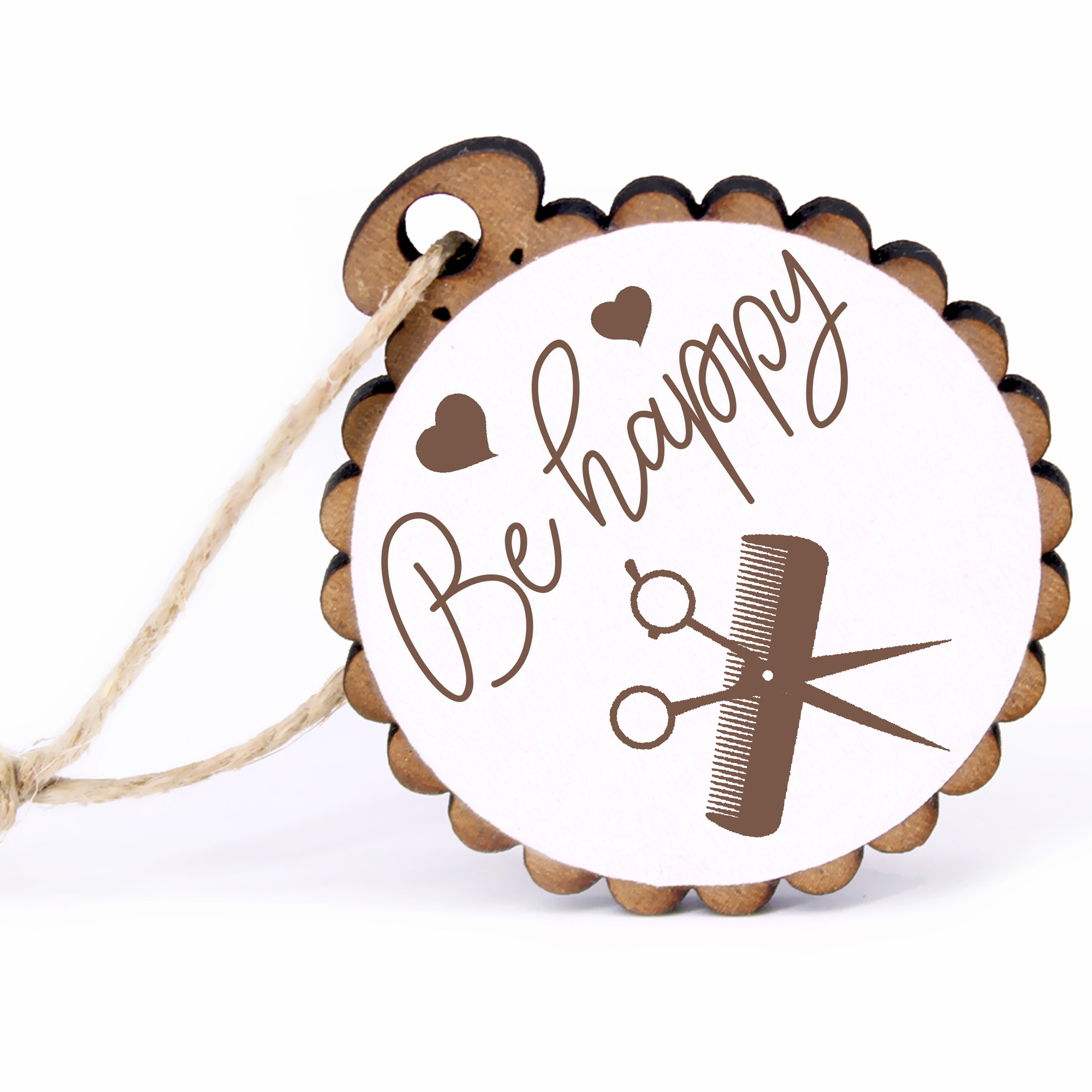 Geschenkanhänger - Be Happy Schere und Kamm -  Holz Ø-5cm - mit Juteband