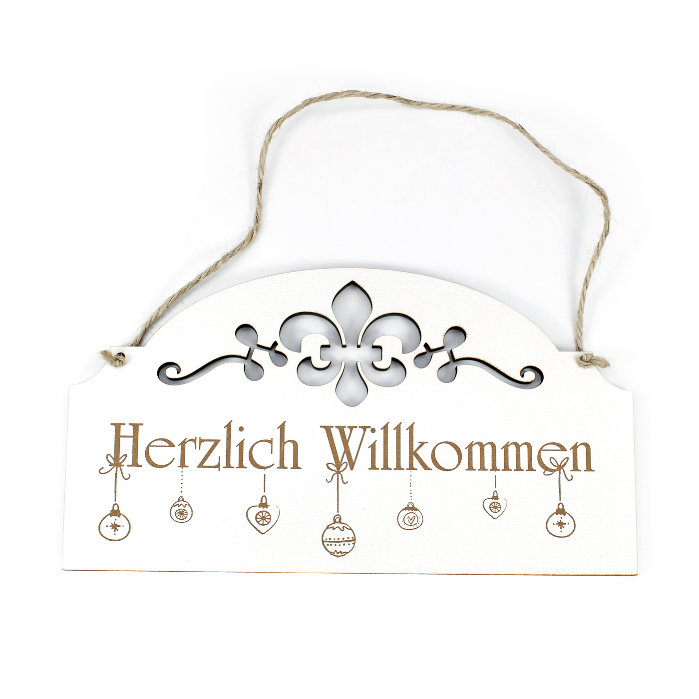 Schild Herzlich Willkommen Vintage Ornament - mit Weihnachtsmotiv Weihnachtskugeln - Türschild Dekoschild 21 x 15 cm