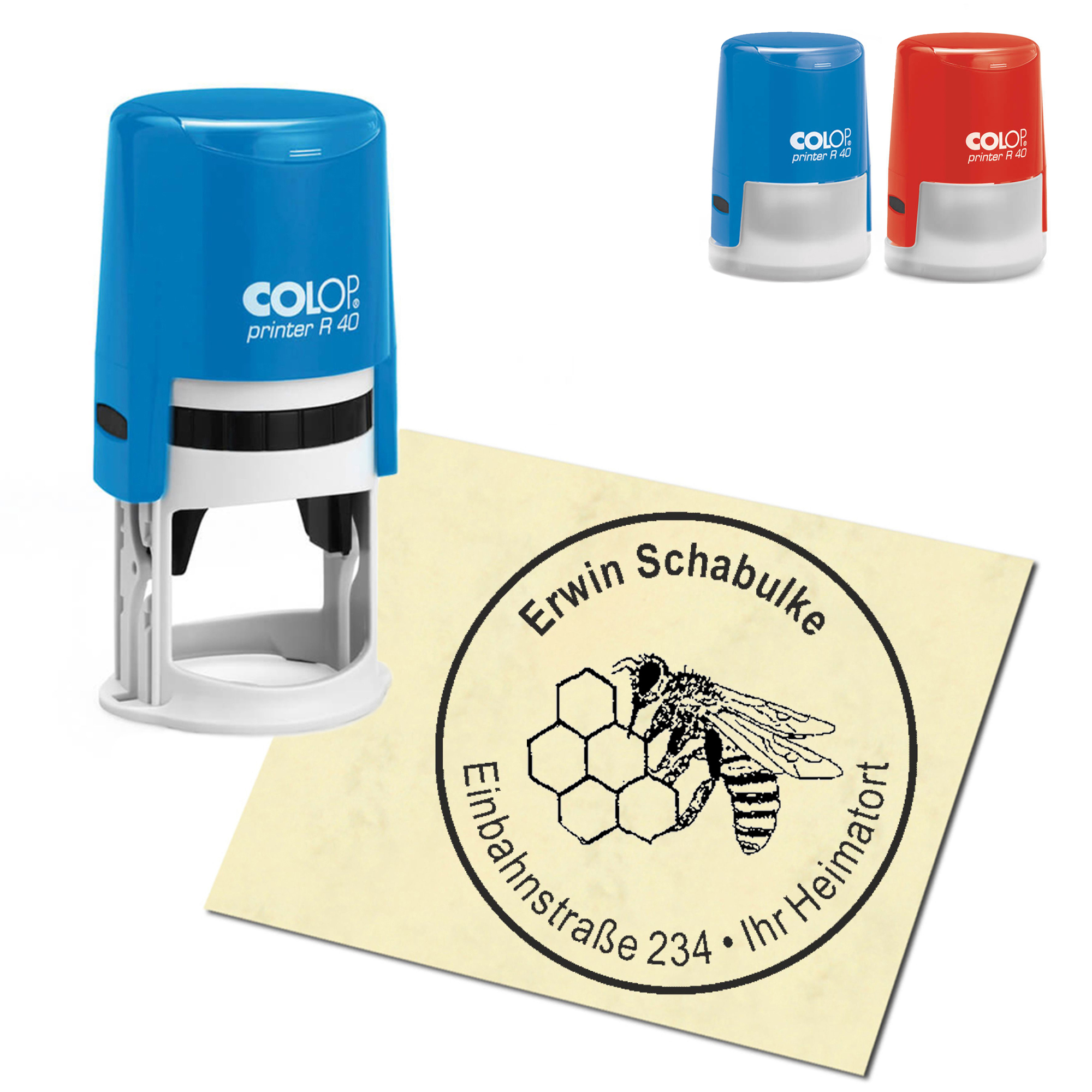 Stempel Adressstempel personalisiert - Biene mit Wabe - rund &empty; 40mm