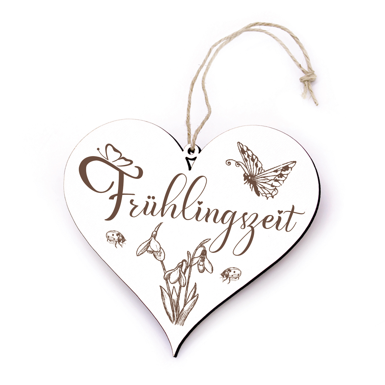 Herz Schild Frühlingszeit - Frühling Dekoschild zum Anhängen - Schneeglöckchen Marienkäfer 13 x 12 cm