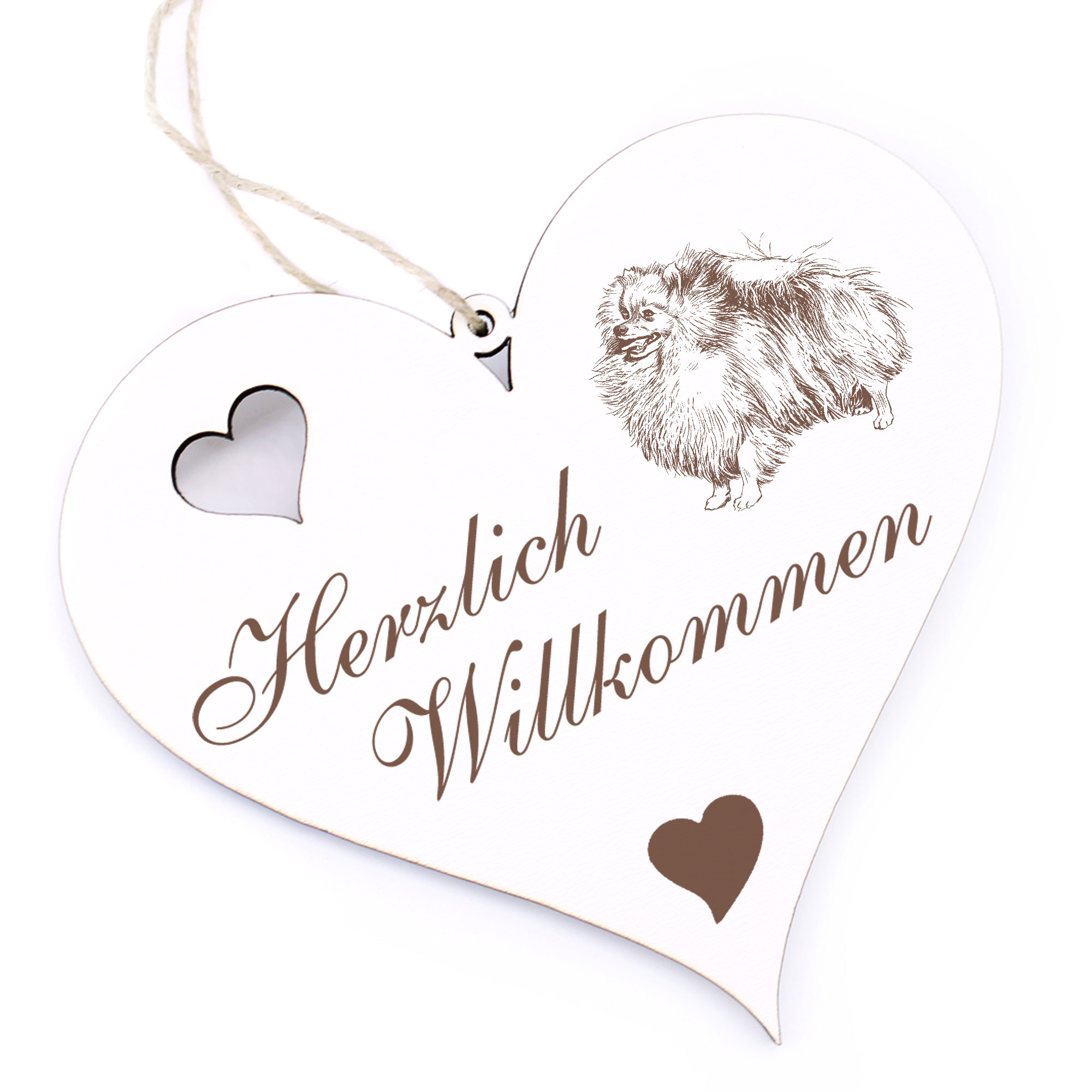Herzlich Willkommen Schild - Pomeranian Zwergspitz - Deko Herz Holz