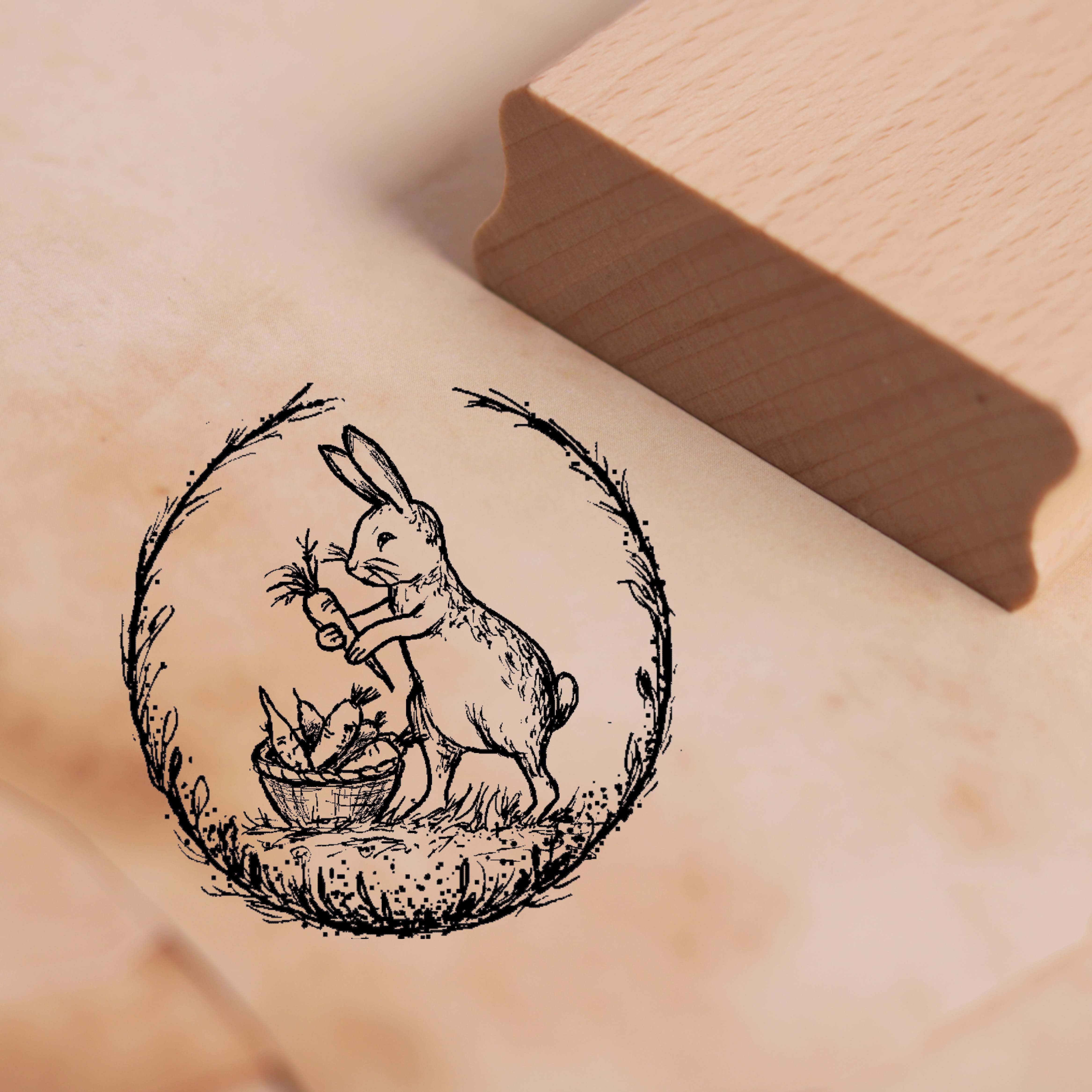 Motivstempel Hase mit Mohrrüben Korb Stempel 48 x 48 mm