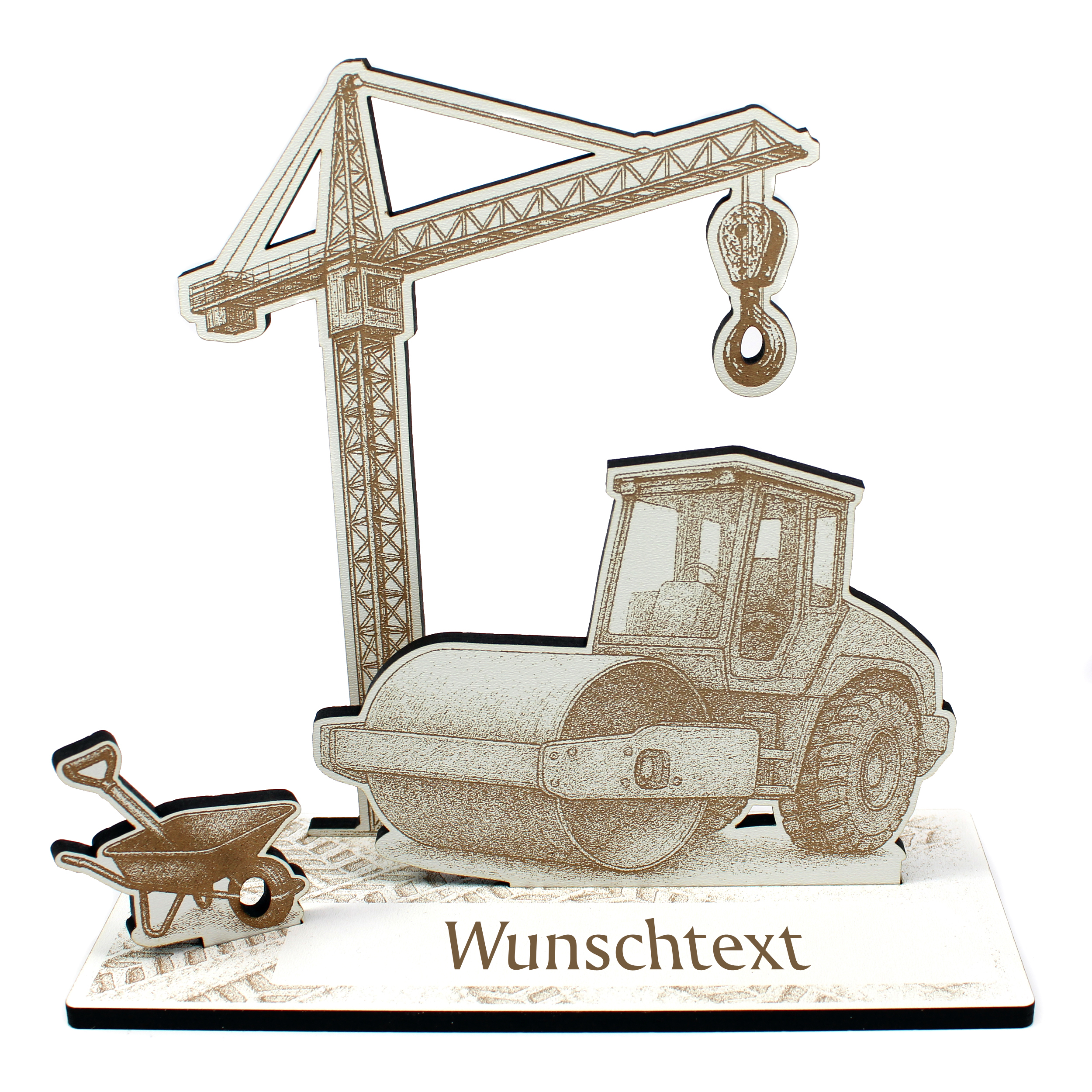 Geldgeschenk Aufsteller „Walzenfahrer“ – Dekoaufsteller mit Walze, Kran & Schubkarre –  18×19×8 cm