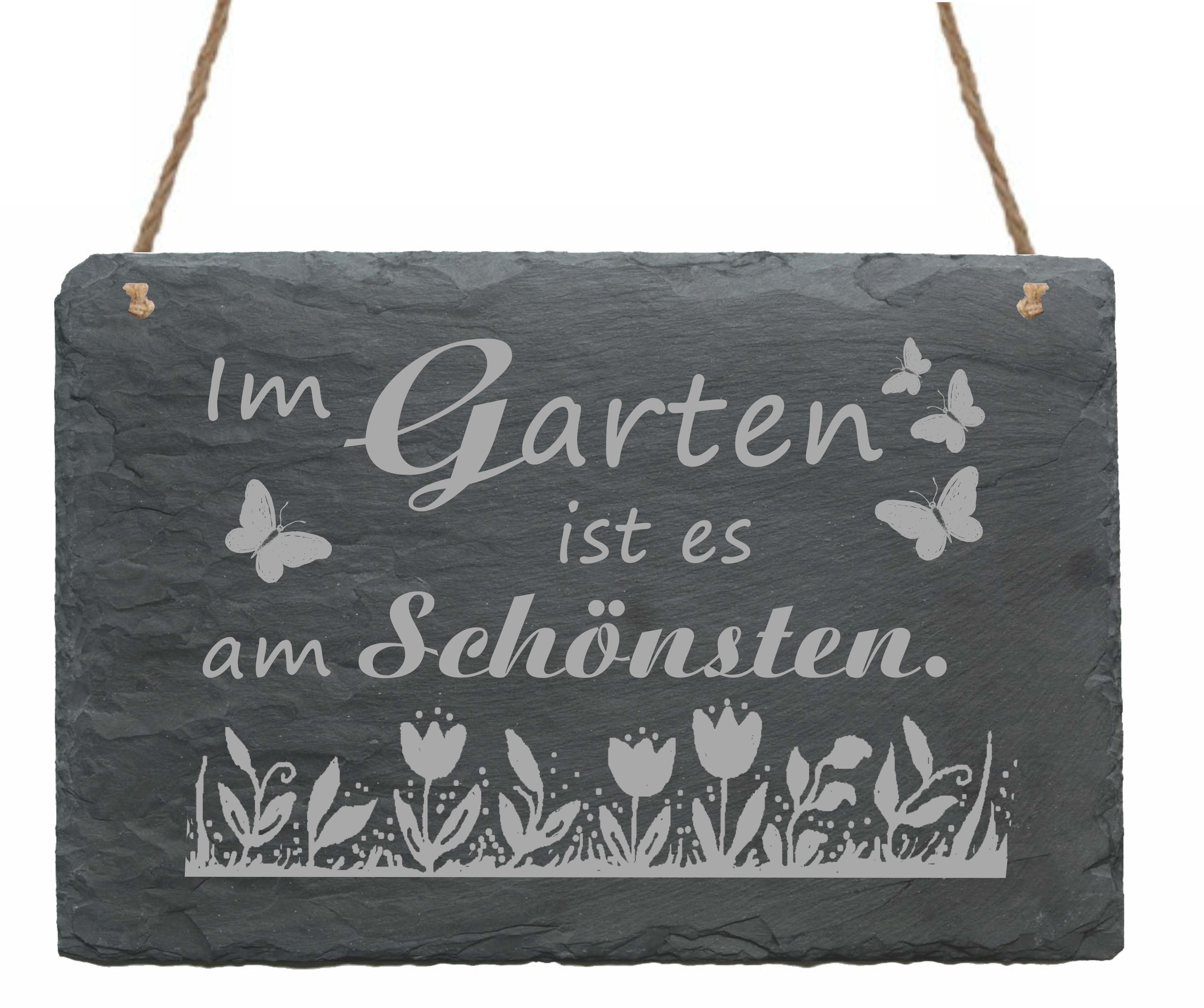 Schiefertafel « Im Garten ist es am Schönsten » Schild Blumen Schmetterlinge - 22x16
