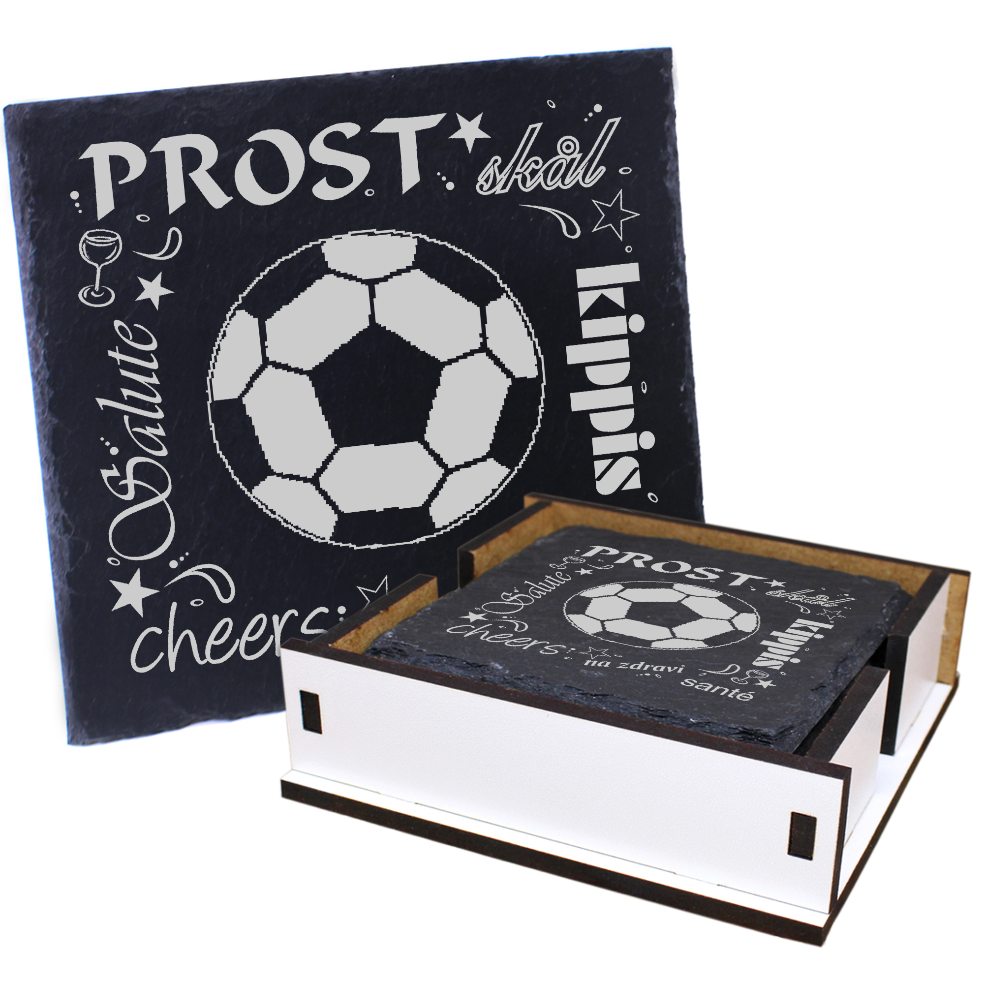 5 x Schiefer Untersetzer - Prost Fußball - inkl. Holzbox & Flaschenuntersetzer