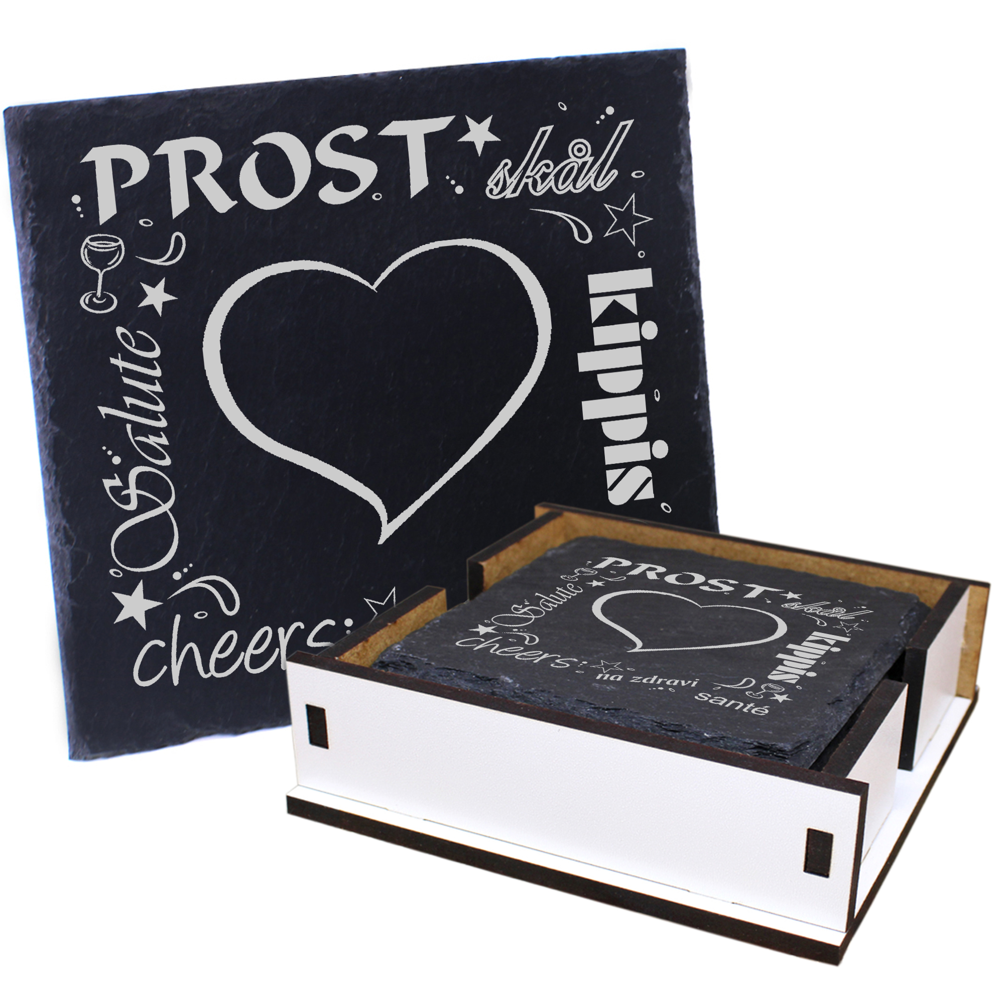 5 x Schiefer Untersetzer - Prost Herz - inkl. Holzbox & Flaschenuntersetzer