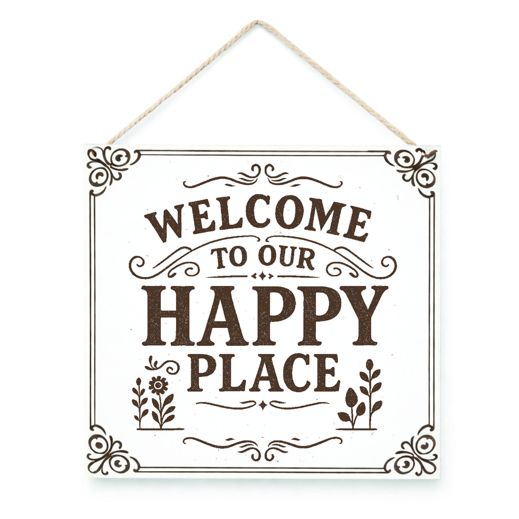 Herzlich Willkommen Welcome to our Happy Place Schild 15×15 cm – Weißes HDF Türschild mit Gravur
