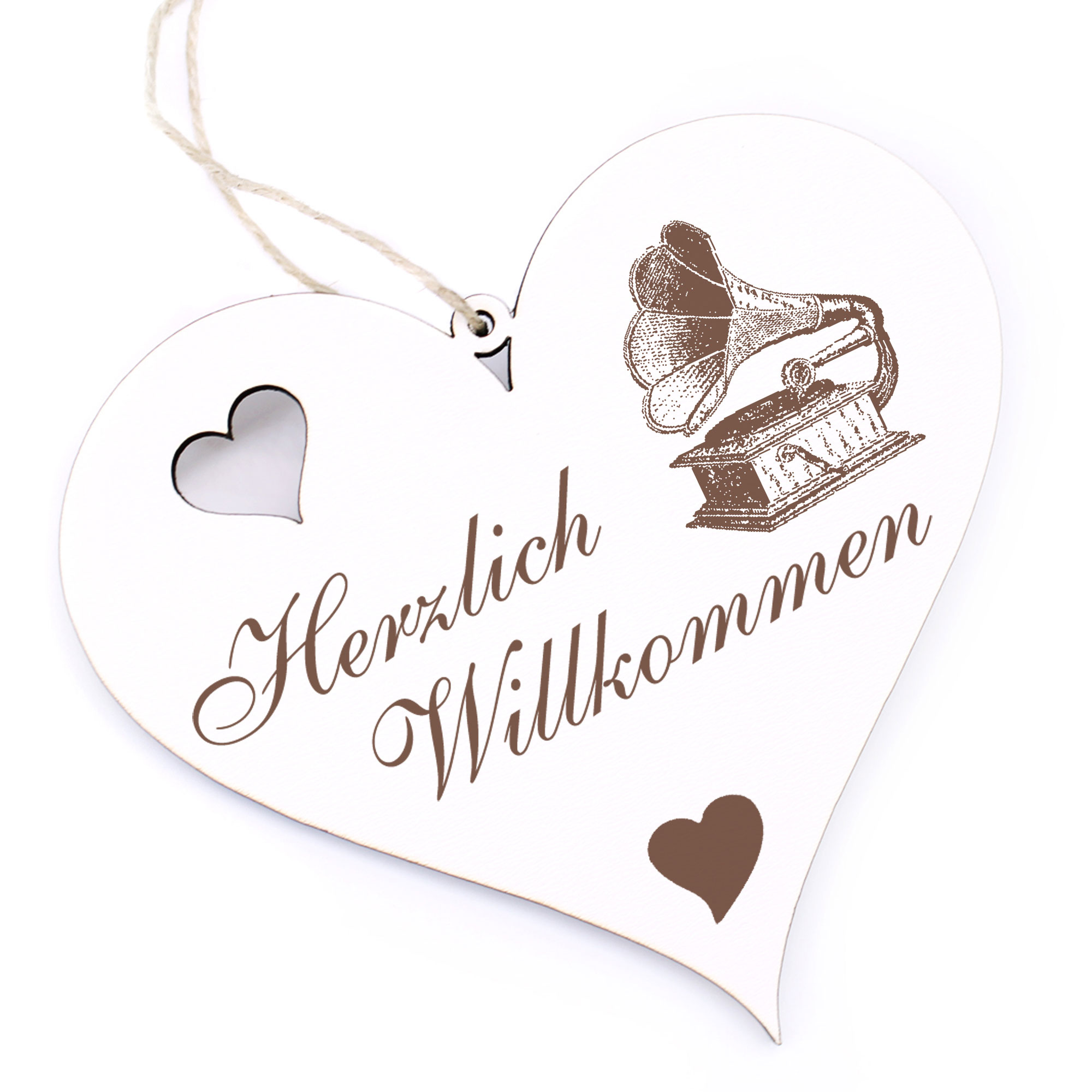 Herzlich Willkommen Schild - Grammophon - Deko Herz Holz