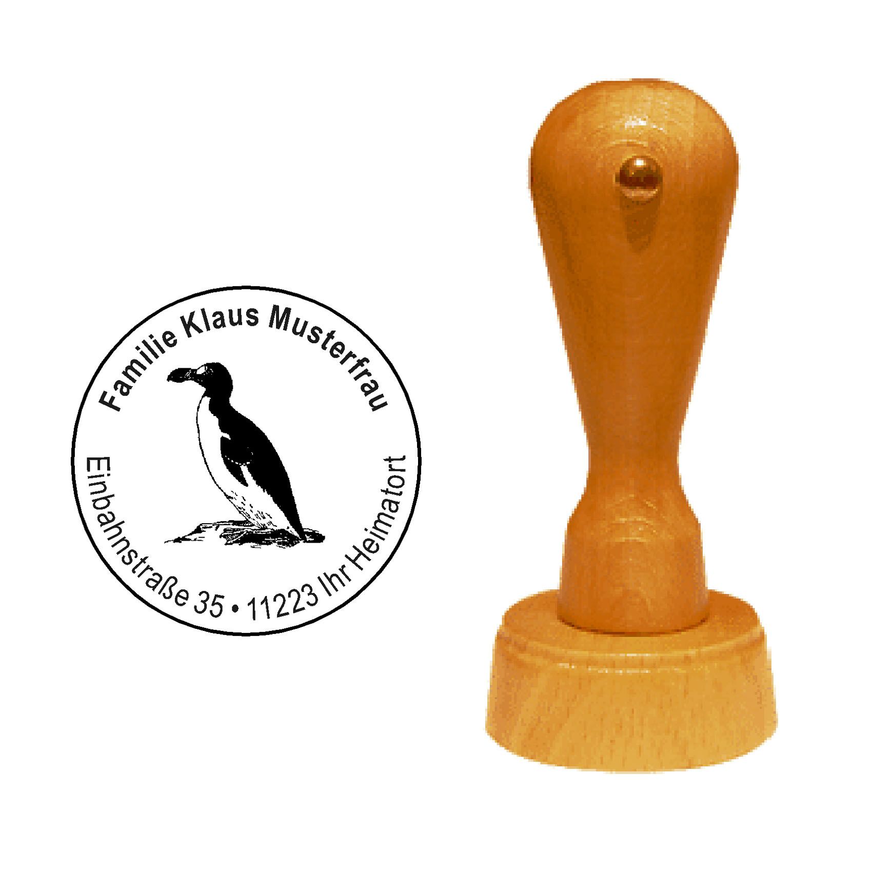 « Pinguin 2 » Holzstempel mit persönlichem Wunschtext