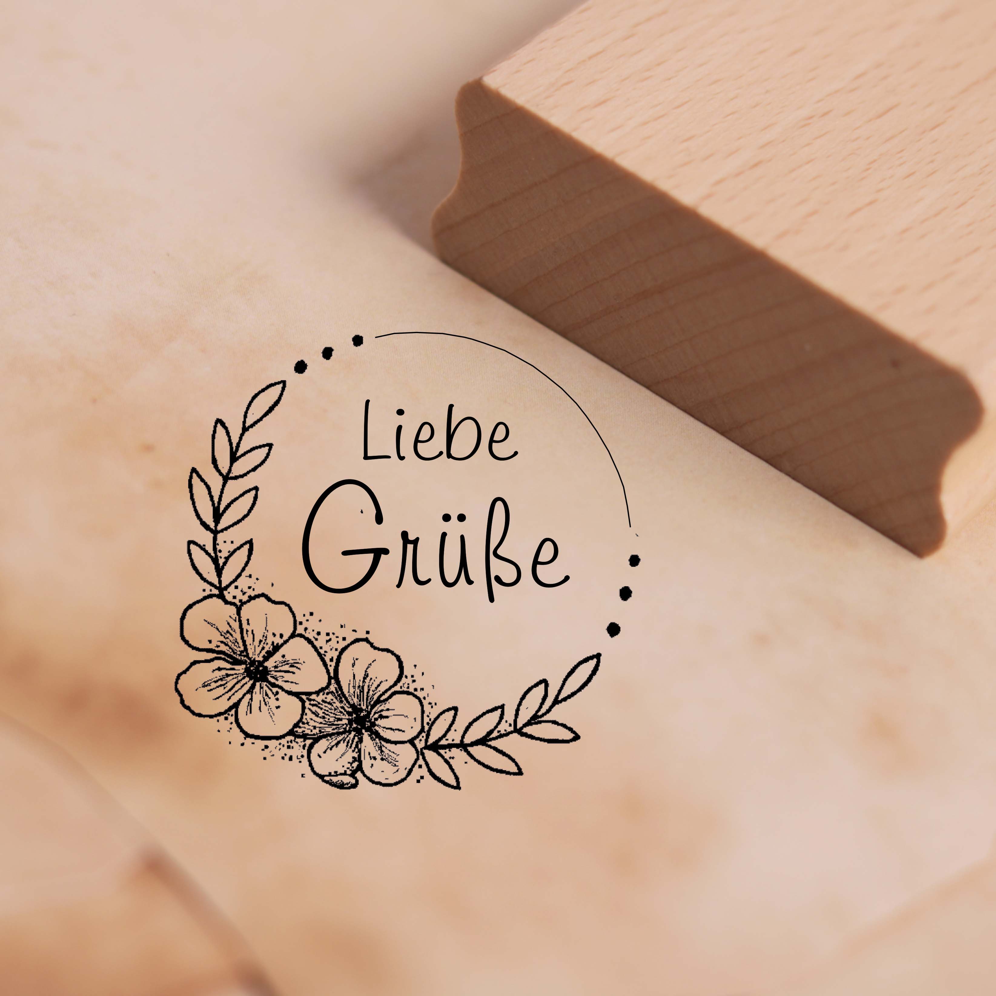 Motivstempel Liebe Grüße Blumen Kranz - Blüten Stempel Punkte Holzstempel 38 x 38 mm