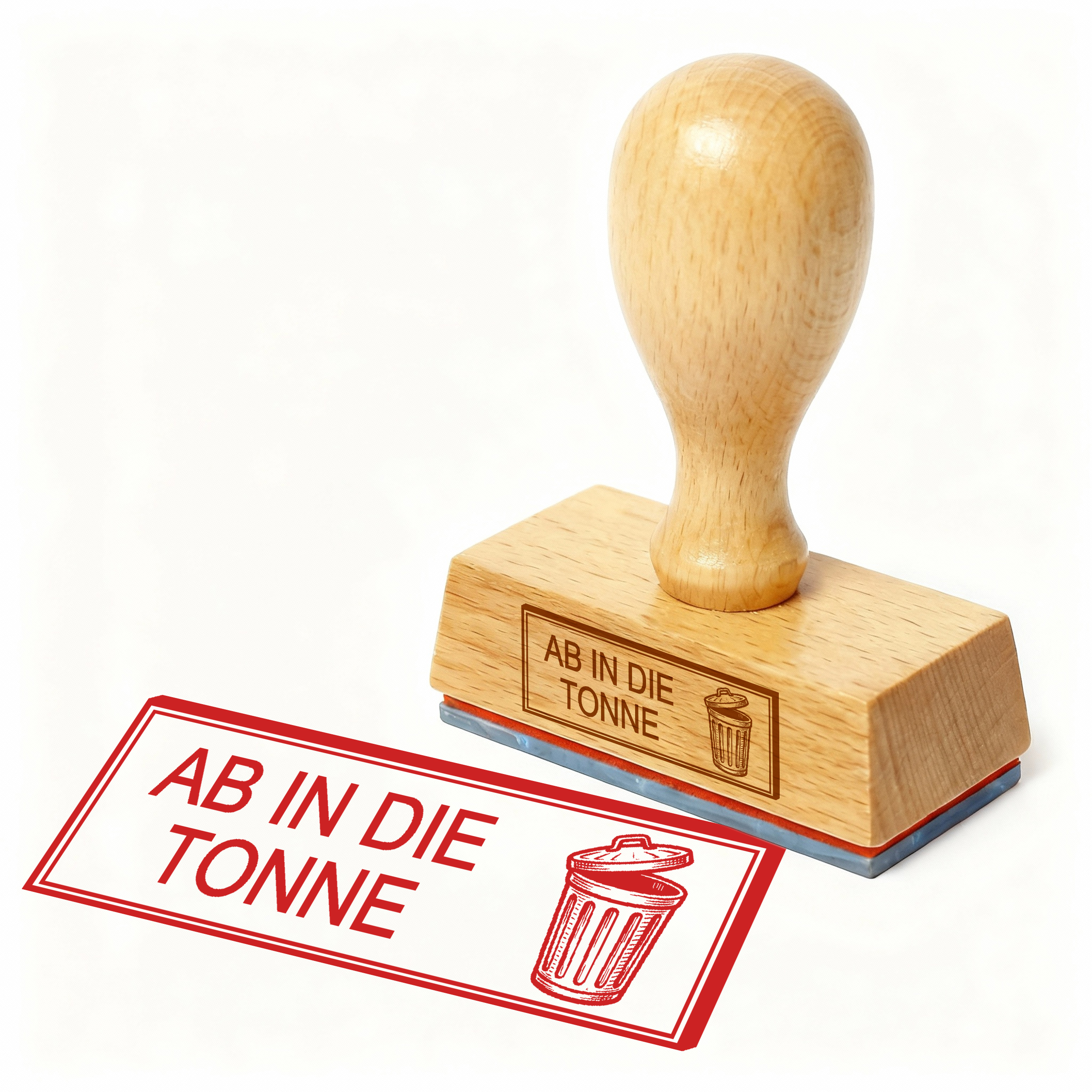 Bürostempel AB IN DIE TONNE Mülltonne Stempel – Holzstempel 48x18 mm für Dokumente - Wegwerfen, Entsorgen, Papierkorb, Ablage erledigt