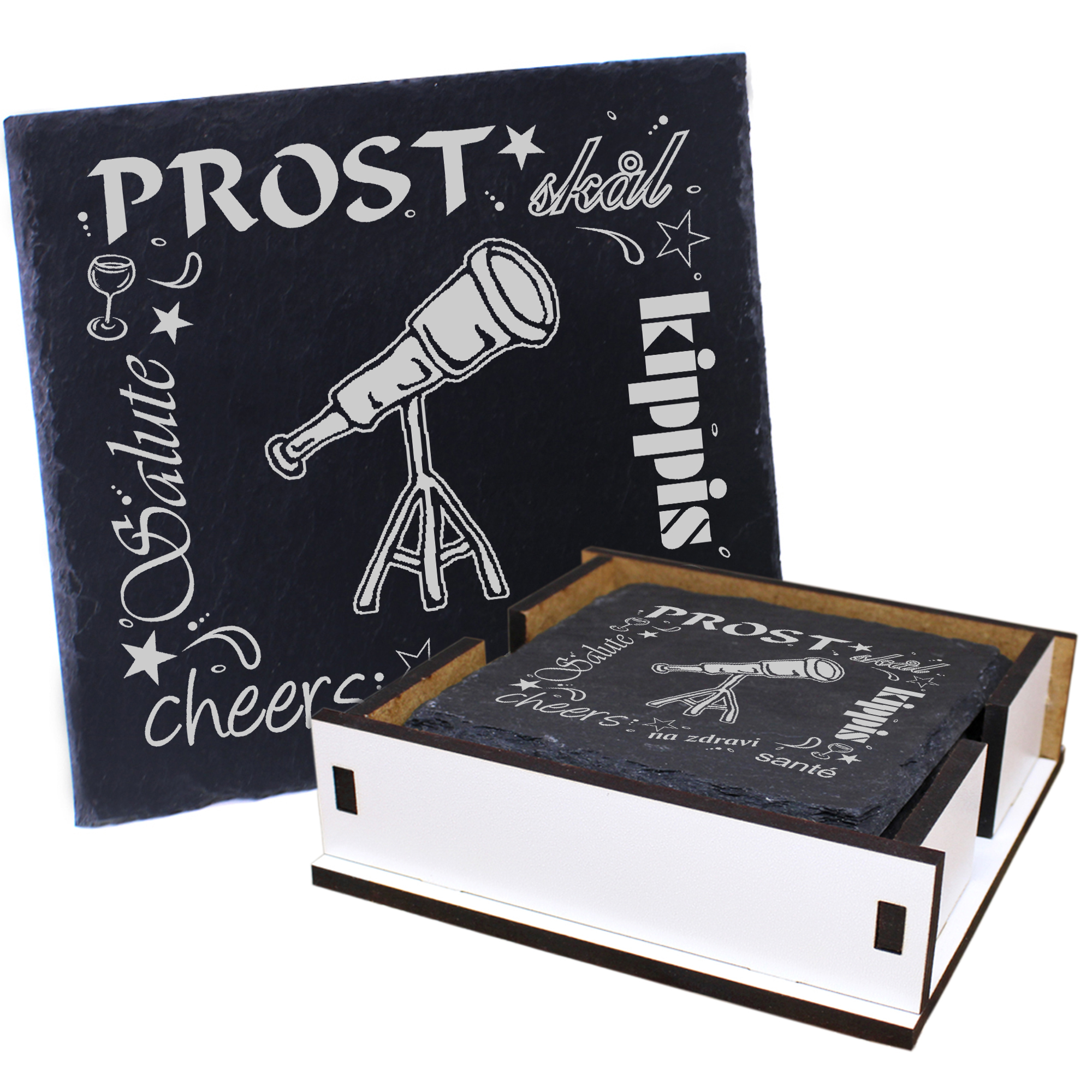 5 x Schiefer Untersetzer - Prost Teleskop - inkl. Holzbox & Flaschenuntersetzer