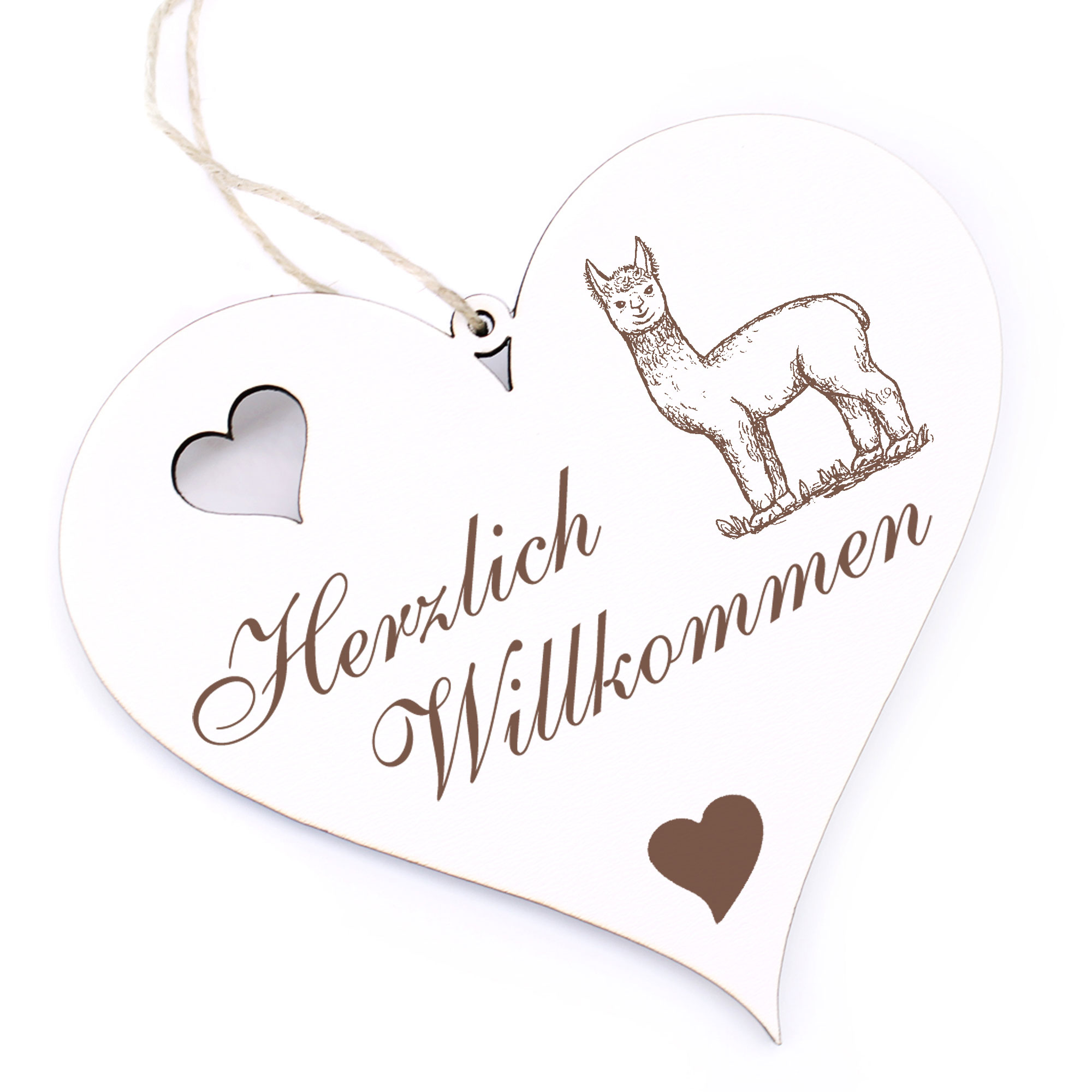 Herzlich Willkommen Schild - Alpaka Lama - Deko Herz Holz