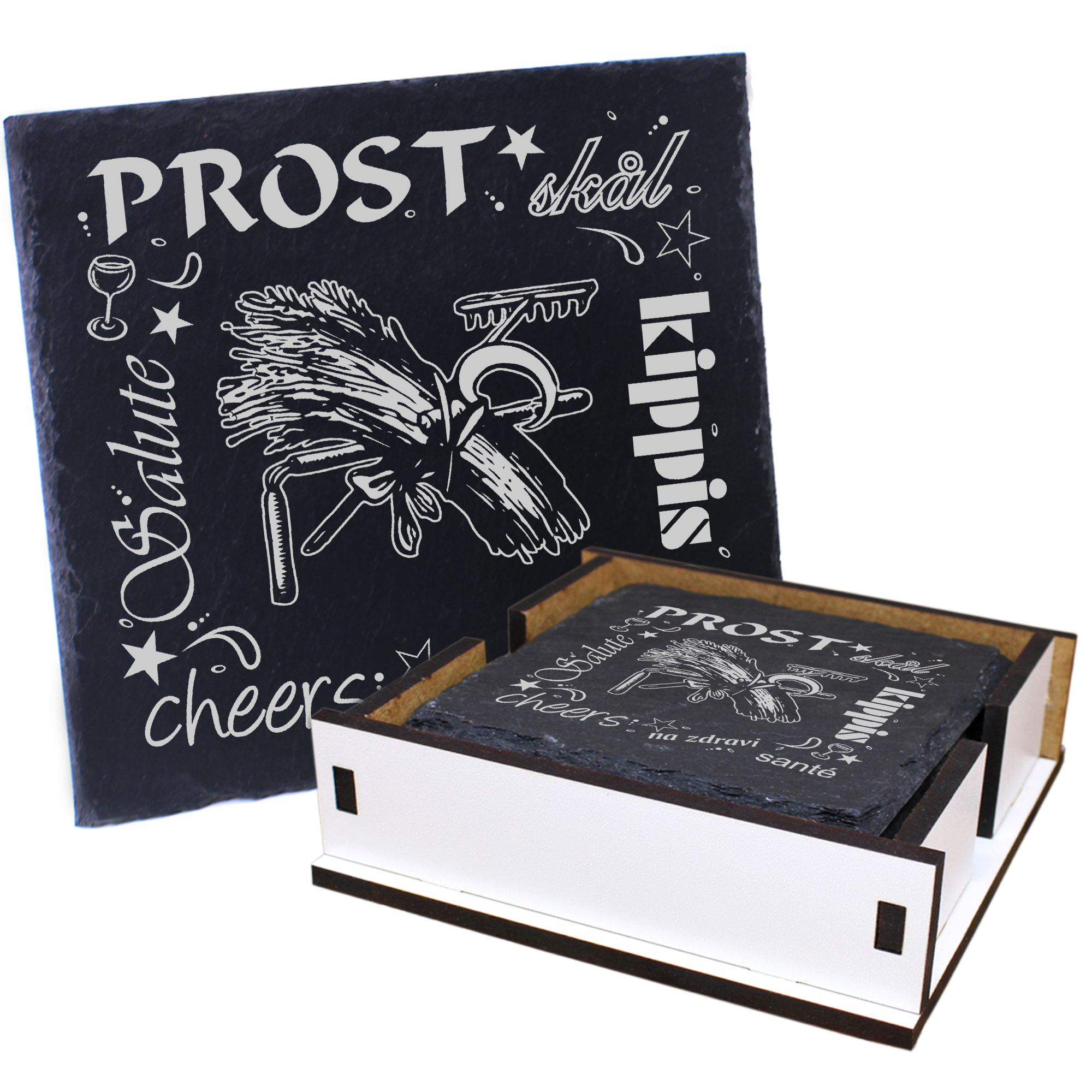 5 x Schiefer Untersetzer - Prost Bauer - inkl. Holzbox & Flaschenuntersetzer