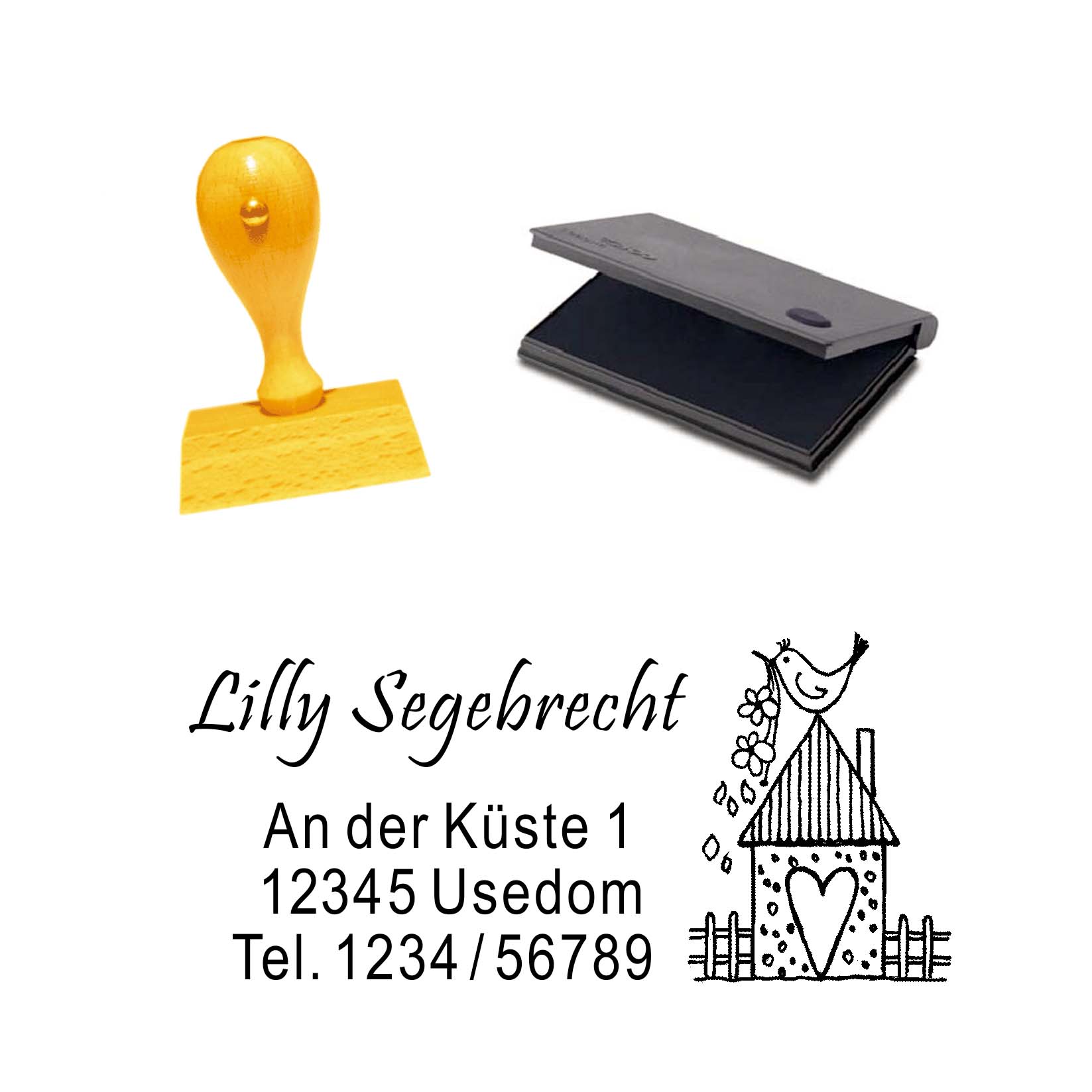 Stempel Vogelhaus Herz - mit persönlicher Adresse und Stempelkissen