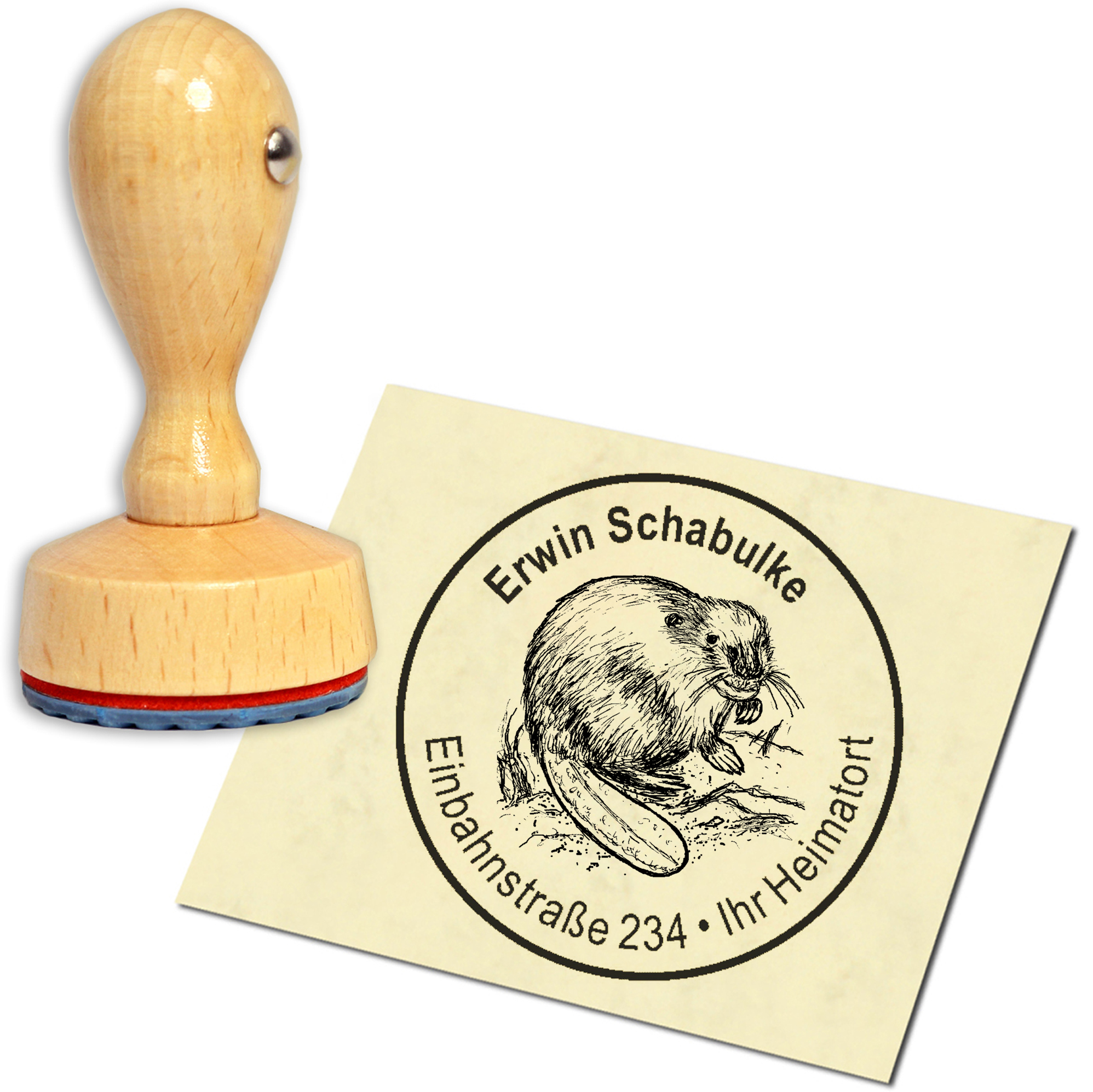 Stempel Adressstempel Holzstempel - Biber auf Wiese - rund 40mm