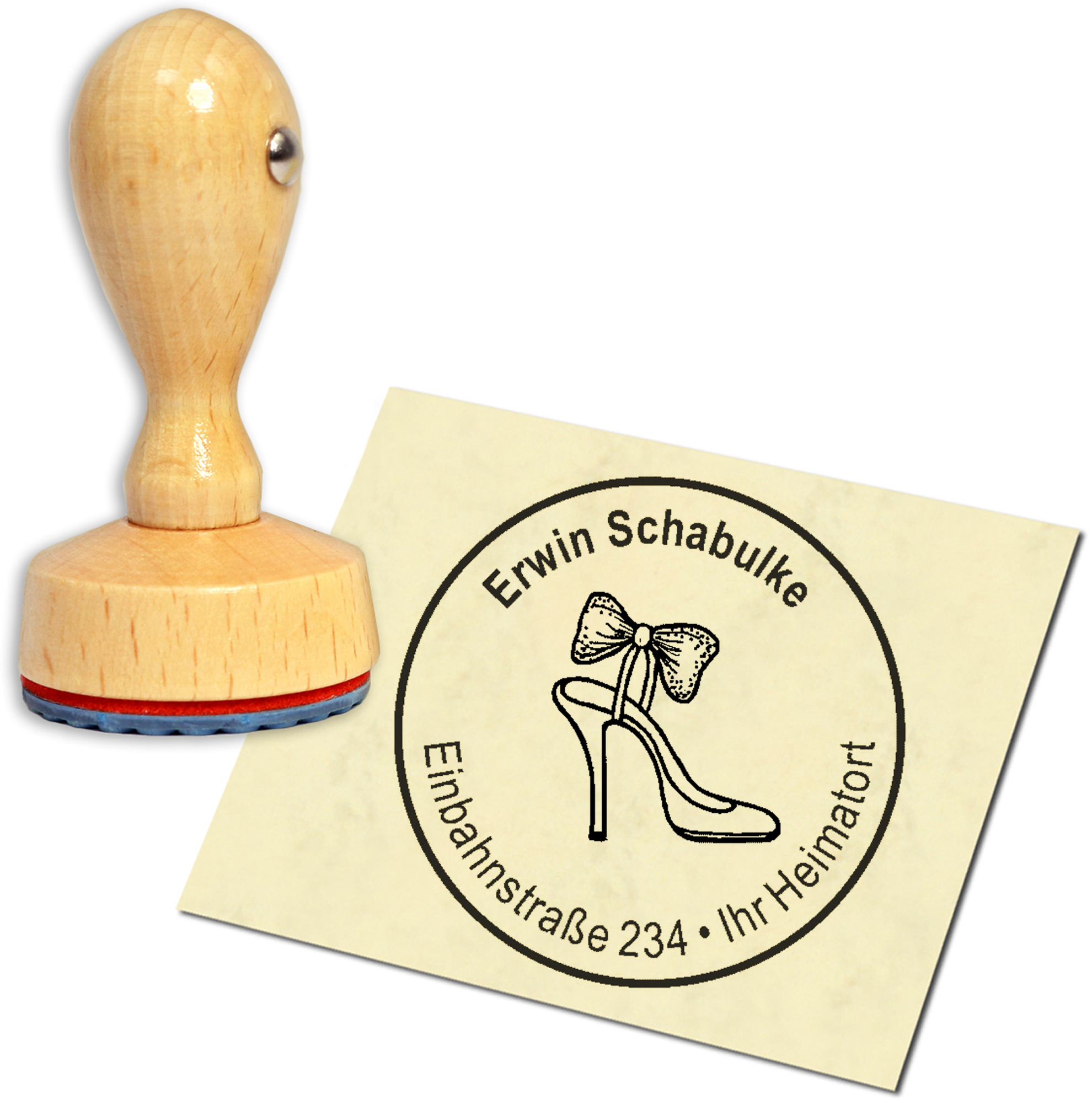 Stempel Adressstempel Holzstempel - High Heels Schuh mit Schleife - rund 40mm
