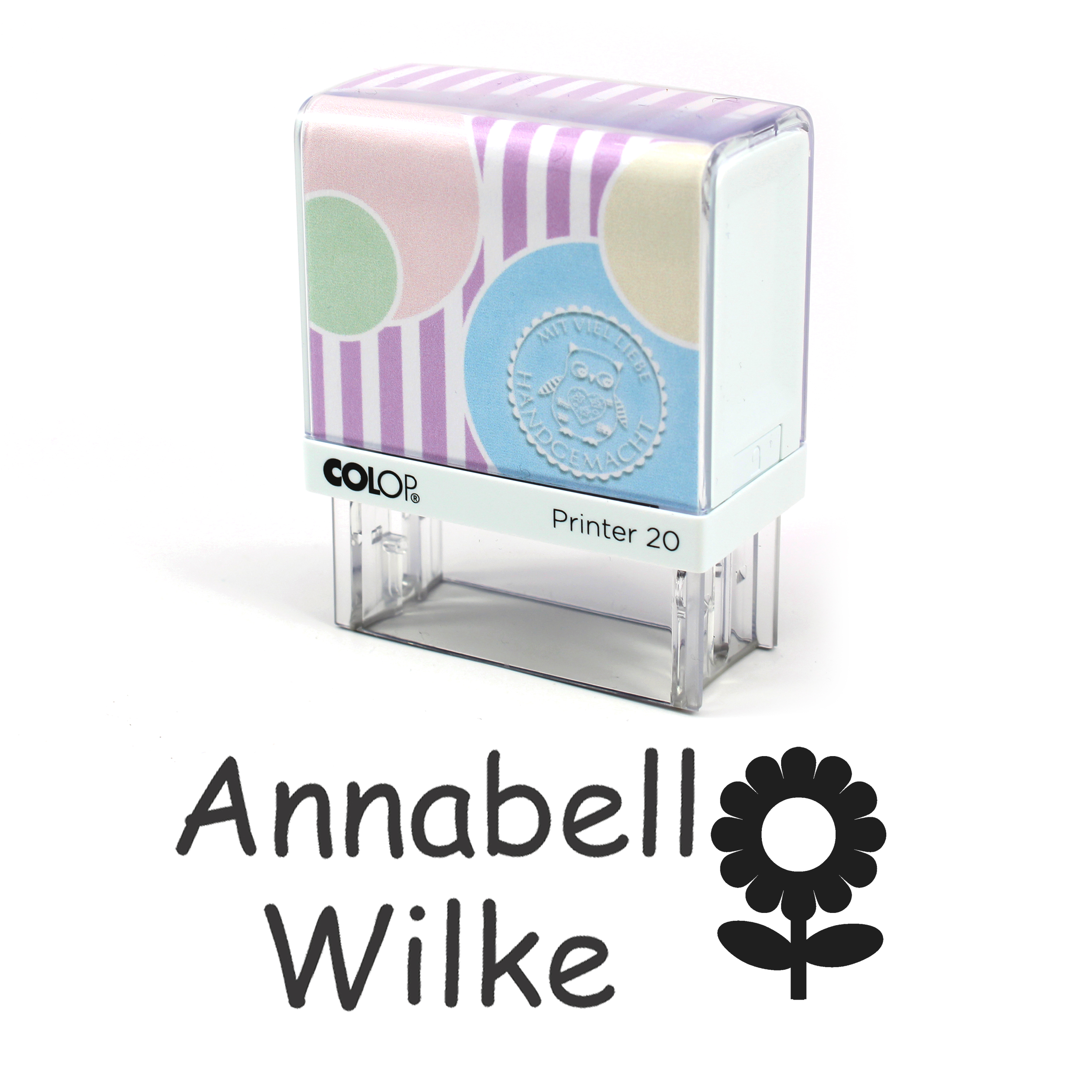 Textilstempel Blume - personalisierter Automatikstempel mit Namen - für Textilien Kleidung 38x14mm